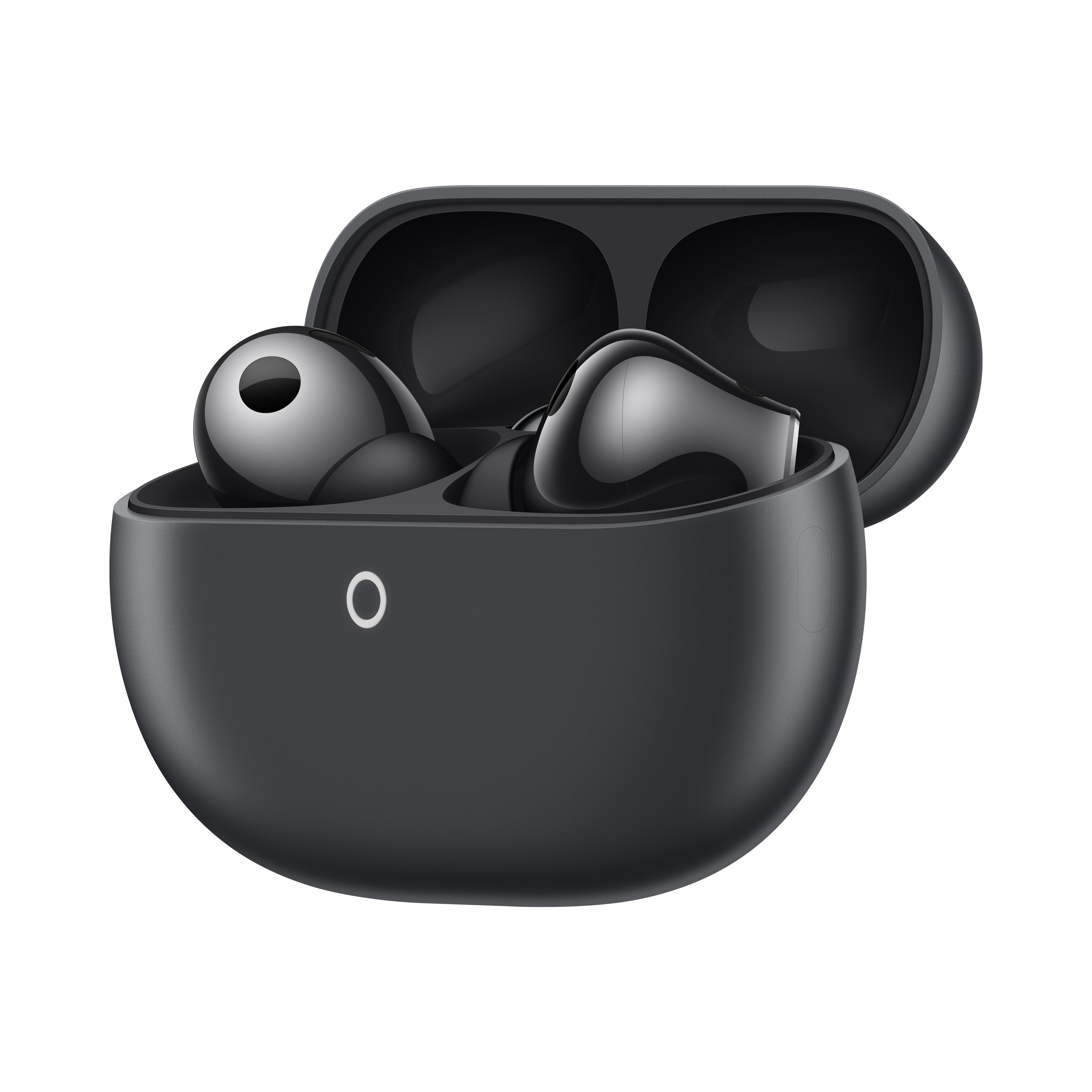 Czarne słuchawki bezprzewodowe w otwartym etui ładującym na czarnym tle.