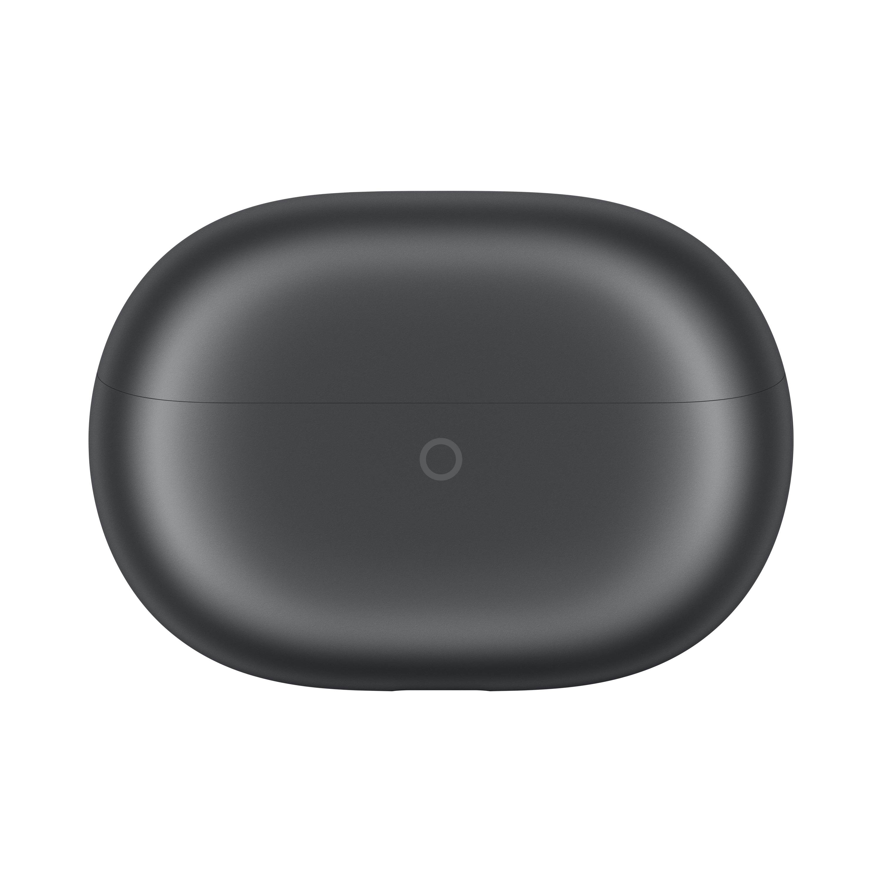 Zamknięte, ciemne etui ładujące do słuchawek bezprzewodowych z logo pierścienia.
