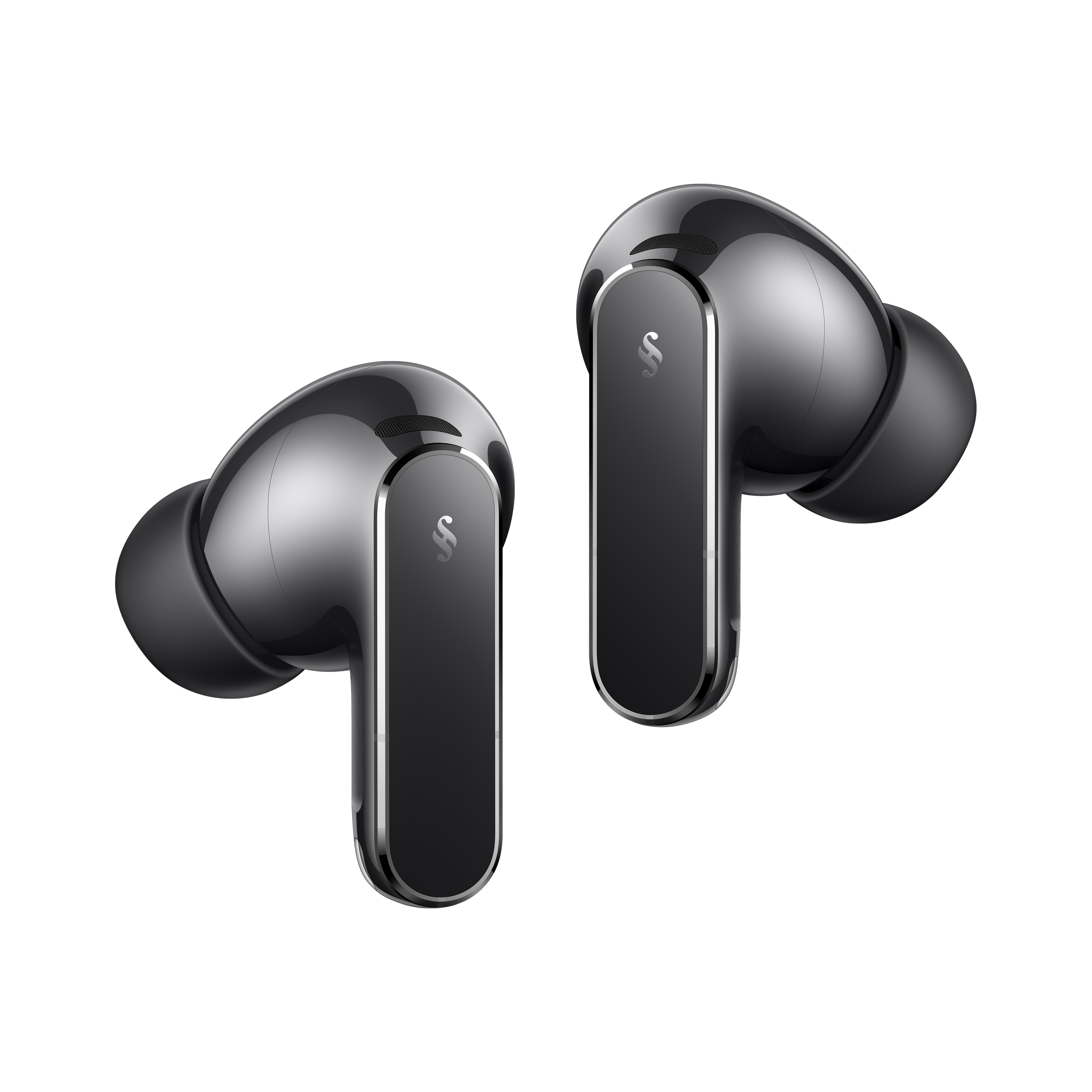 Dwa błyszczące czarne słuchawki bezprzewodowe z srebrnymi akcentami na czarnym tle.