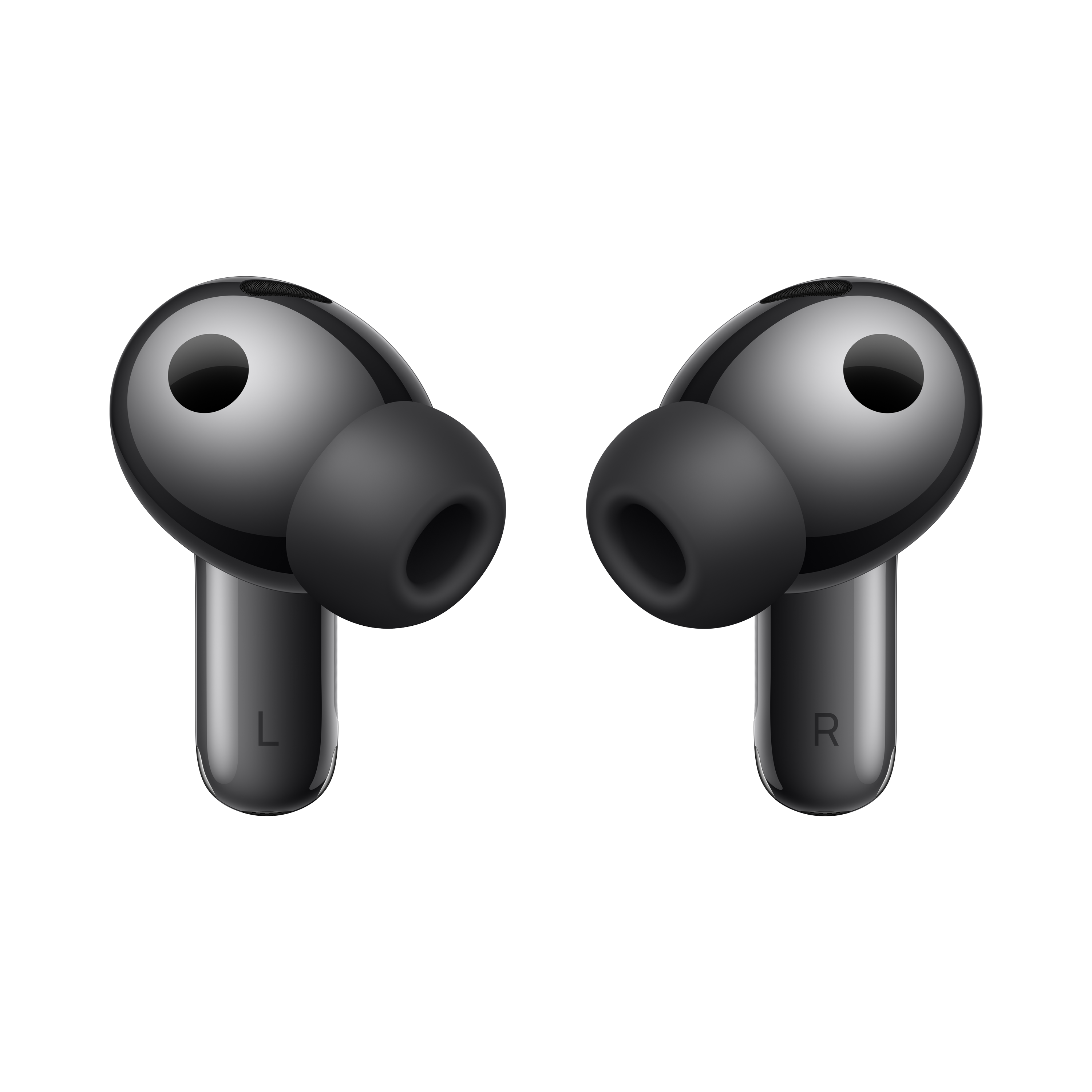 Dwa szare słuchawki bezprzewodowe z czarnymi końcówkami, oznaczone L i R.