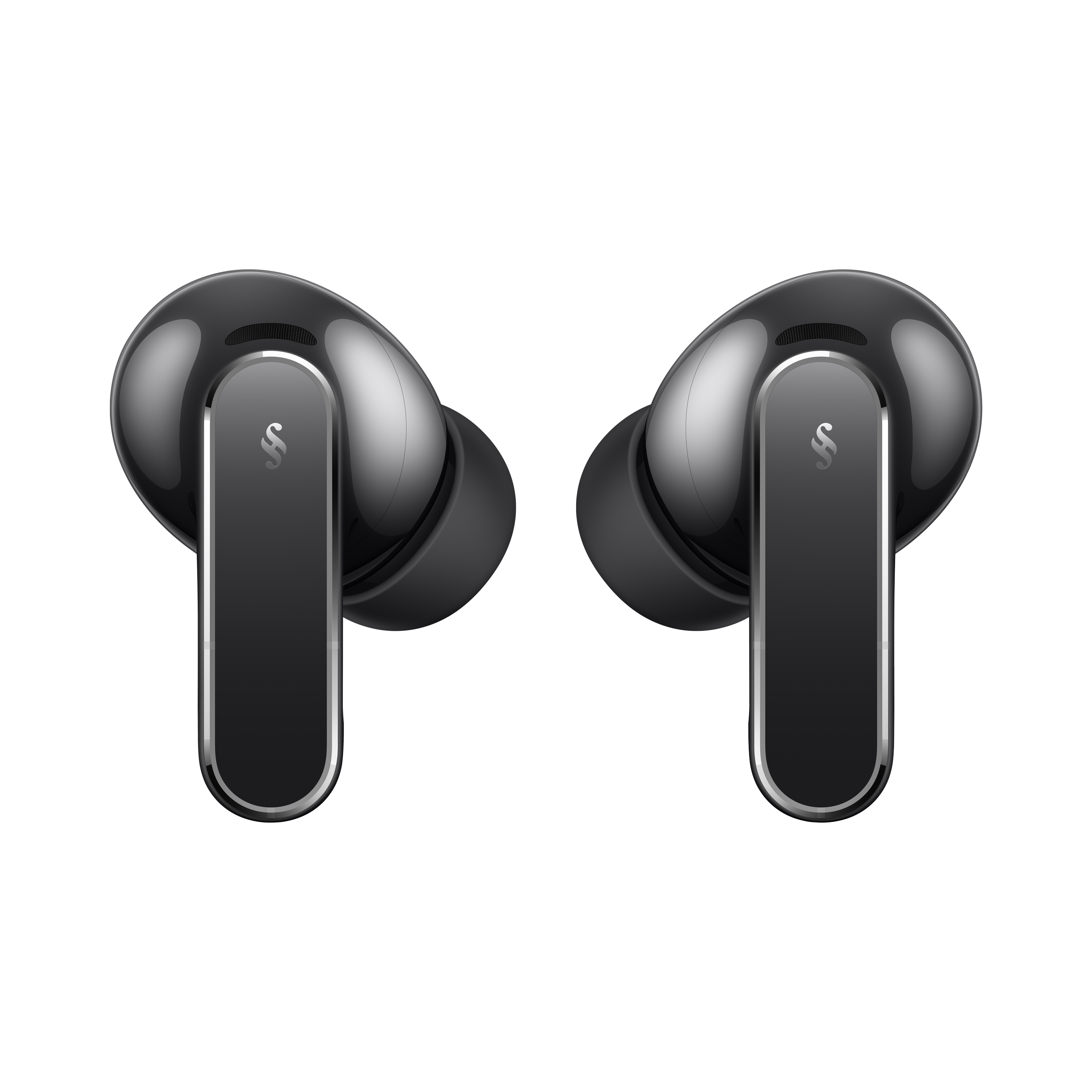 Dwa błyszczące czarne słuchawki bezprzewodowe z srebrnymi akcentami na czarnym tle.