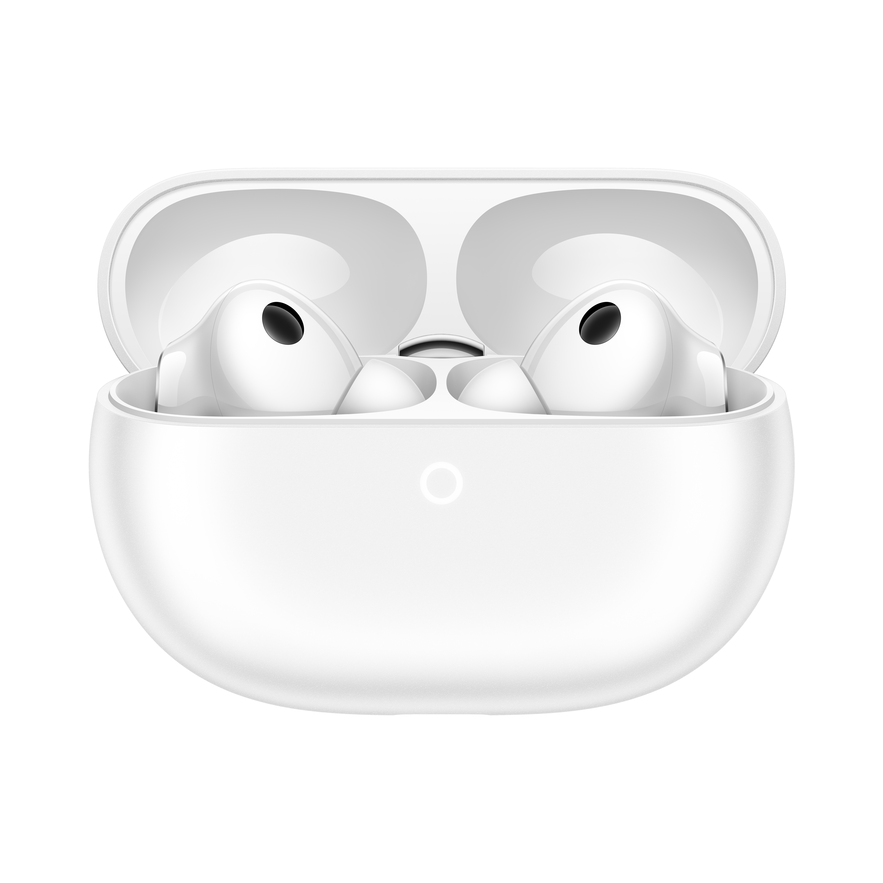 Białe słuchawki bezprzewodowe w otwartym etui ładującym na czarnym tle.