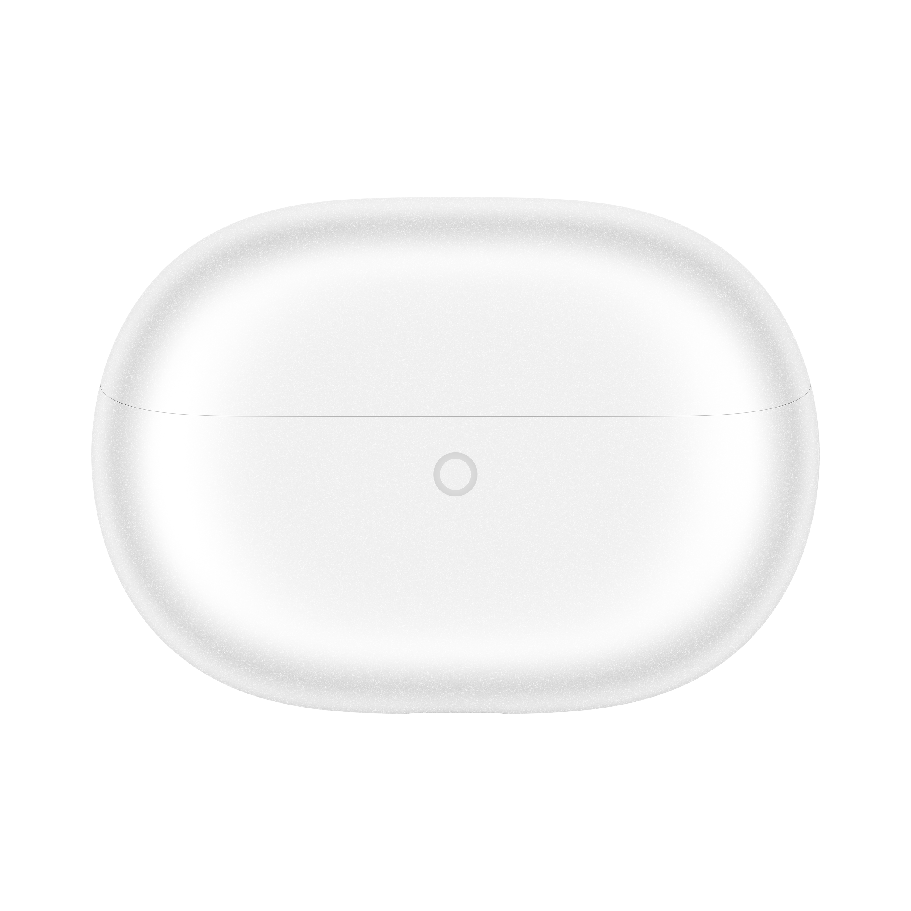 Zamknięte białe etui ładujące do słuchawek na czarnym tle.