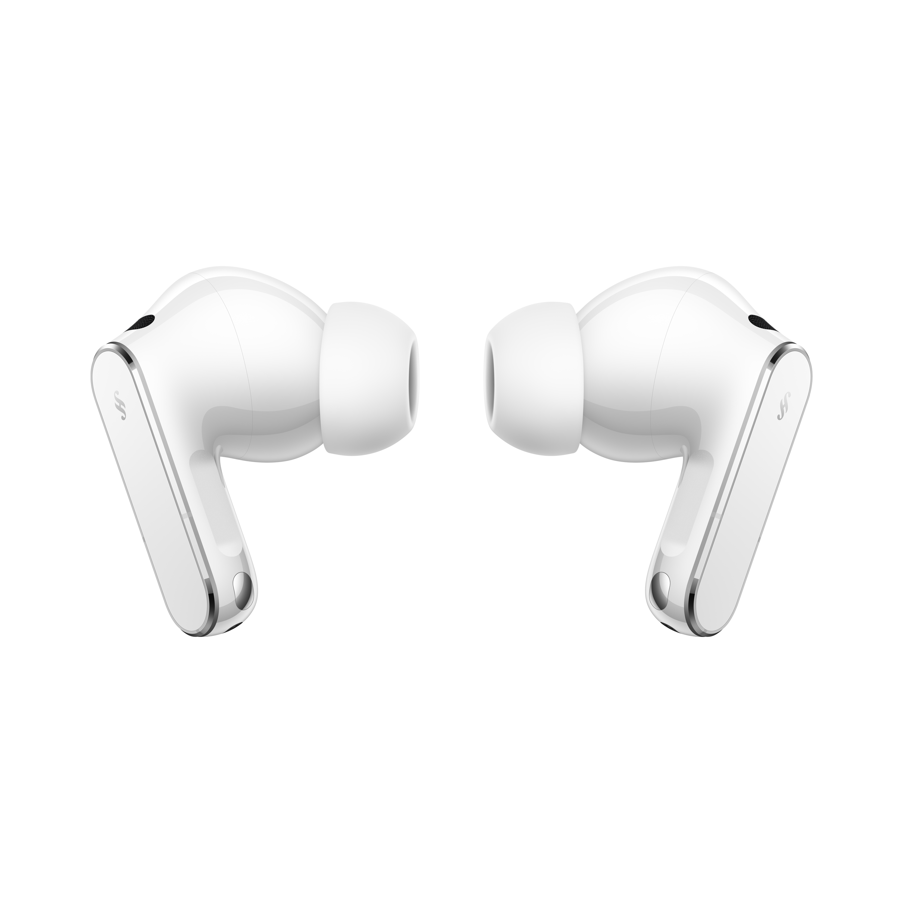 Dwa białe słuchawki bezprzewodowe z srebrnymi akcentami na czarnym tle.