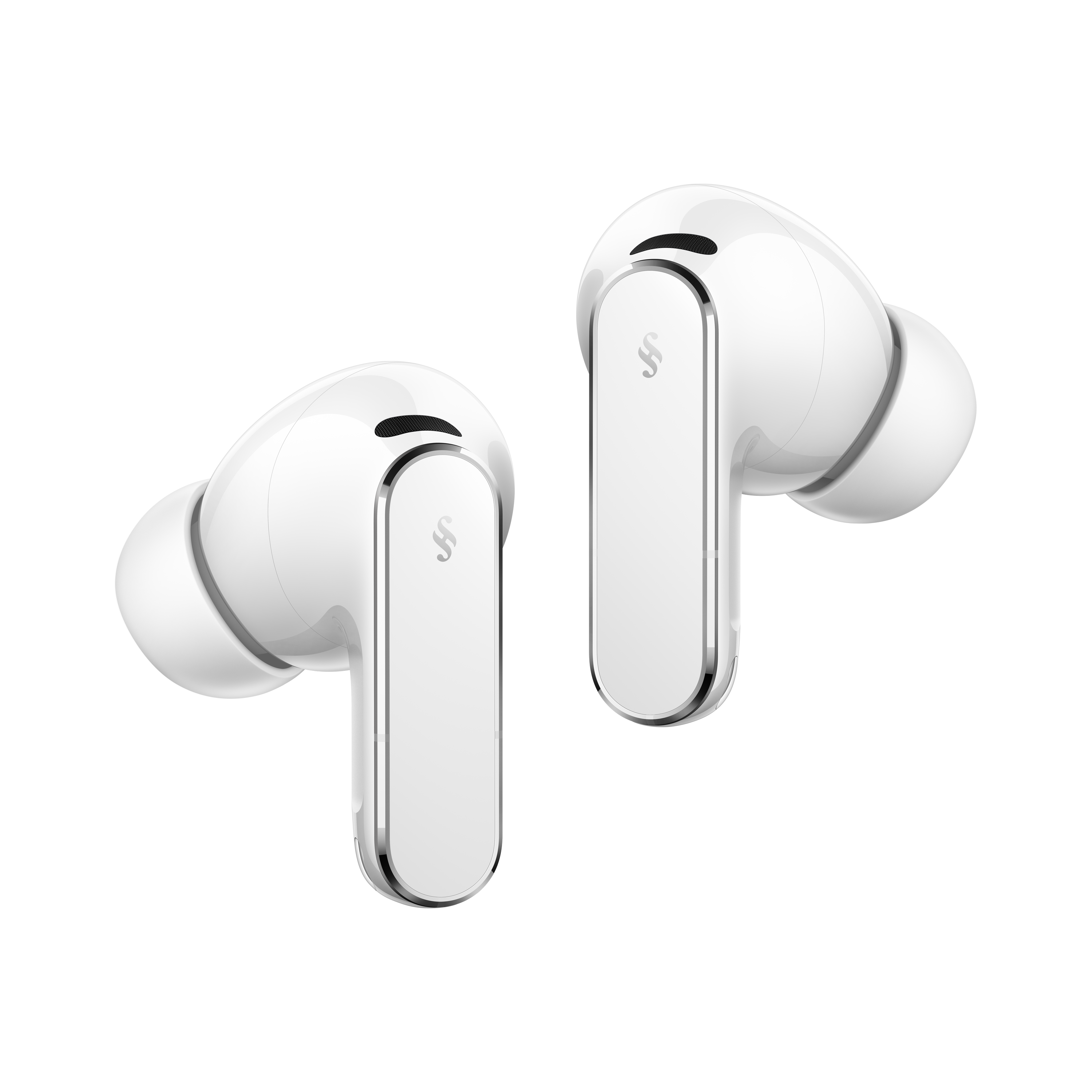 Dwa białe słuchawki bezprzewodowe z srebrnymi akcentami na czarnym tle.