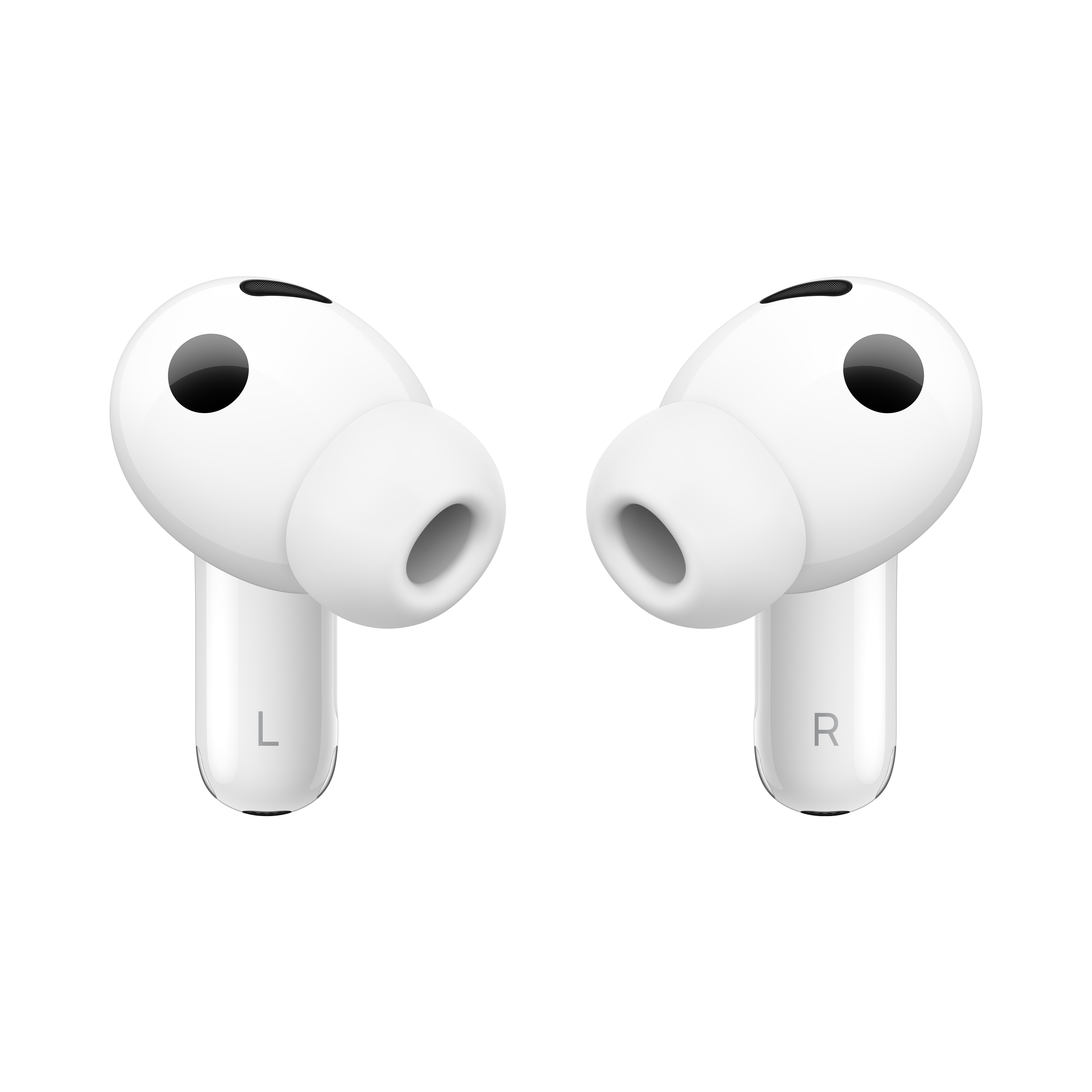 Dwa białe słuchawki, oznaczone L i R, na czarnym tle.