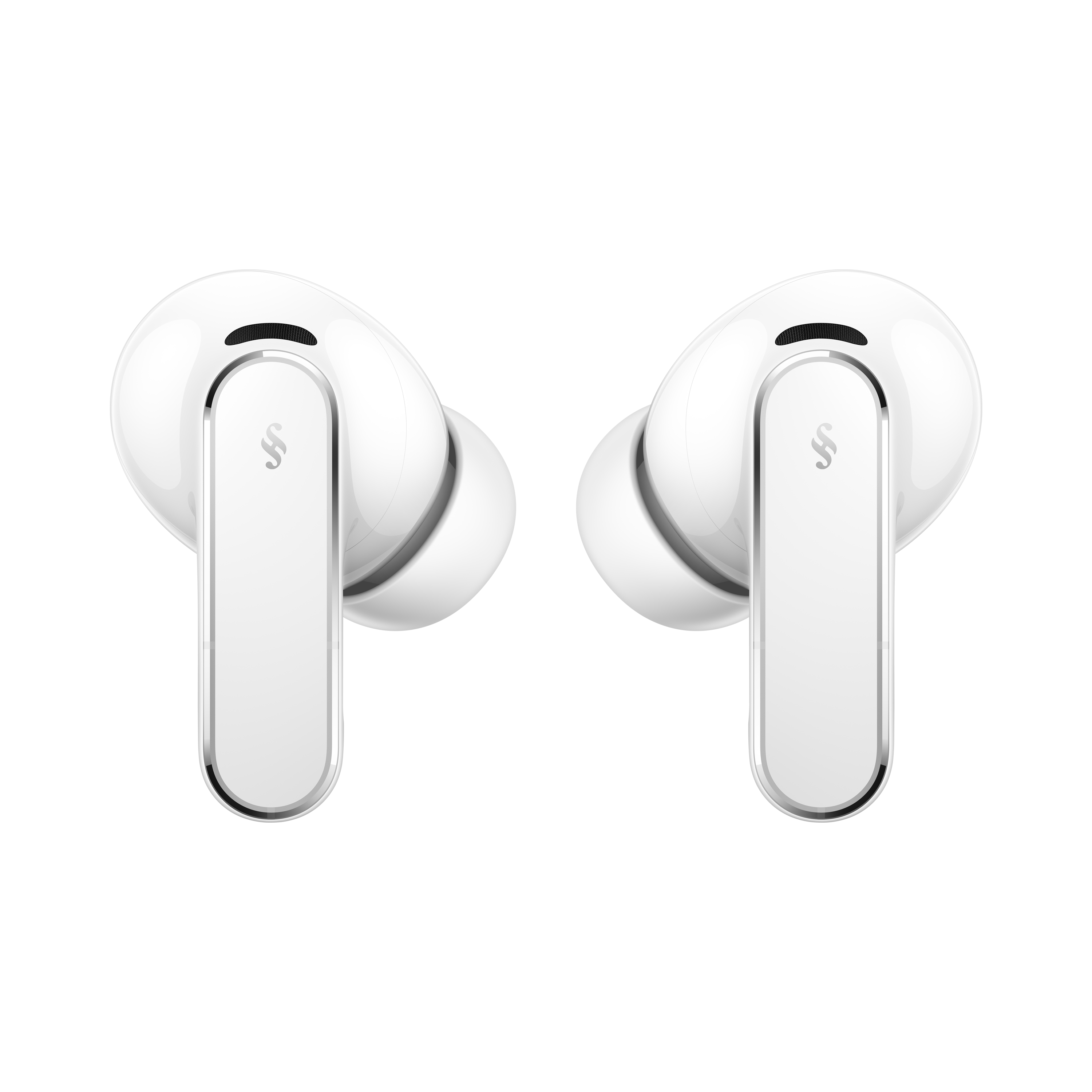 Dwa białe słuchawki bezprzewodowe z srebrnymi akcentami i logo na czarnym tle.