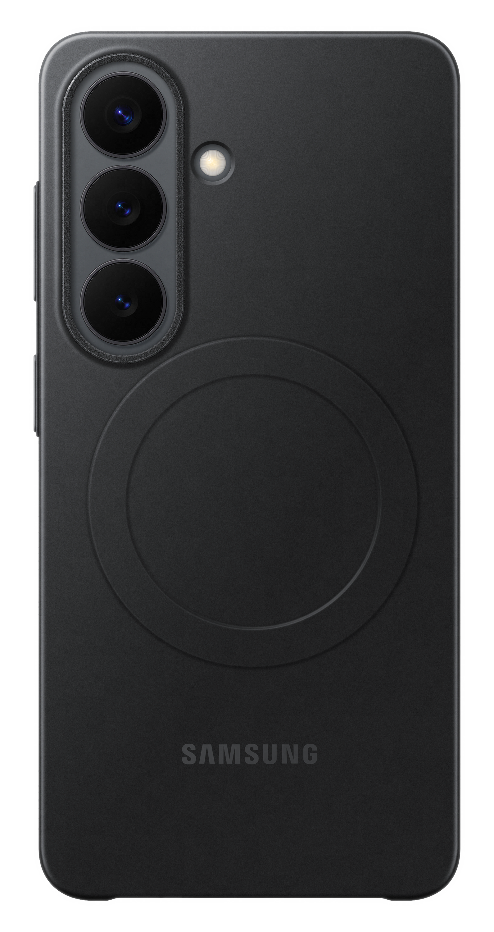 Czarne etui na smartfon z trzema aparatami, lampą błyskową i okrągłym wzorem.