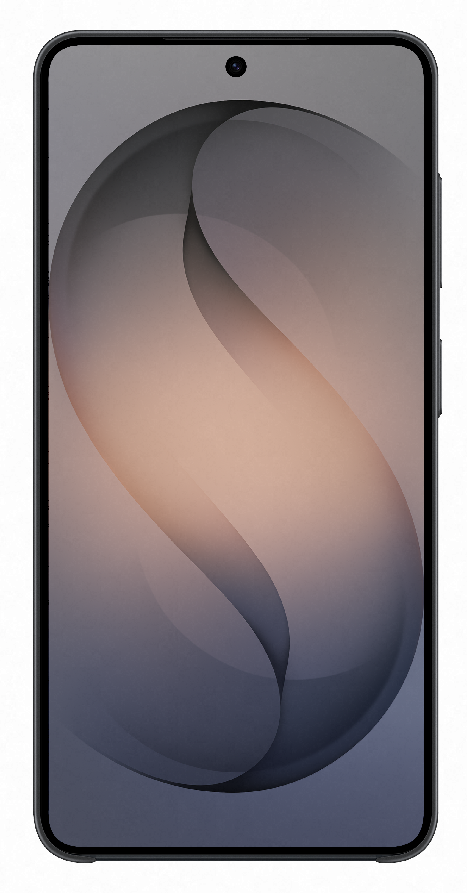 Czarny smartfon z abstrakcyjną, zakrzywioną tapetą w odcieniach szarości i brzoskwini.