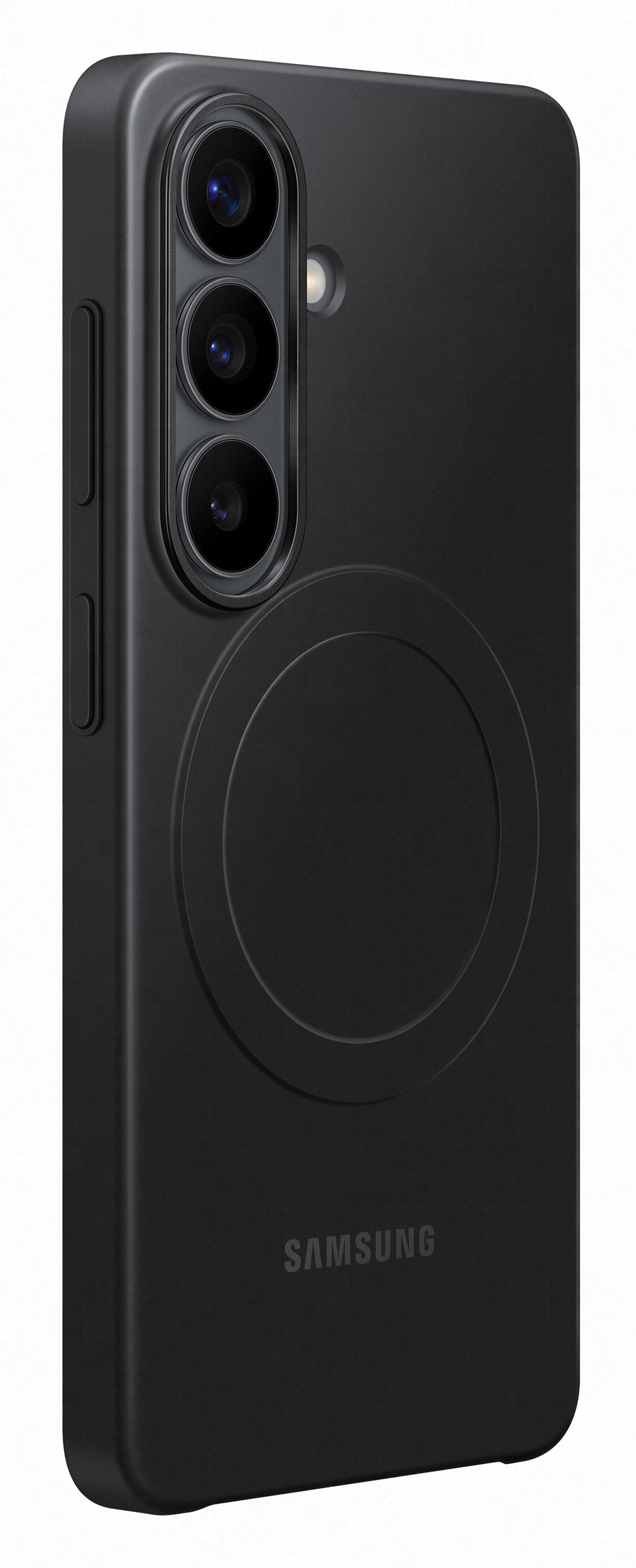 Czarny telefon Samsung z trzema aparatami, kółkiem ładowania i logo.