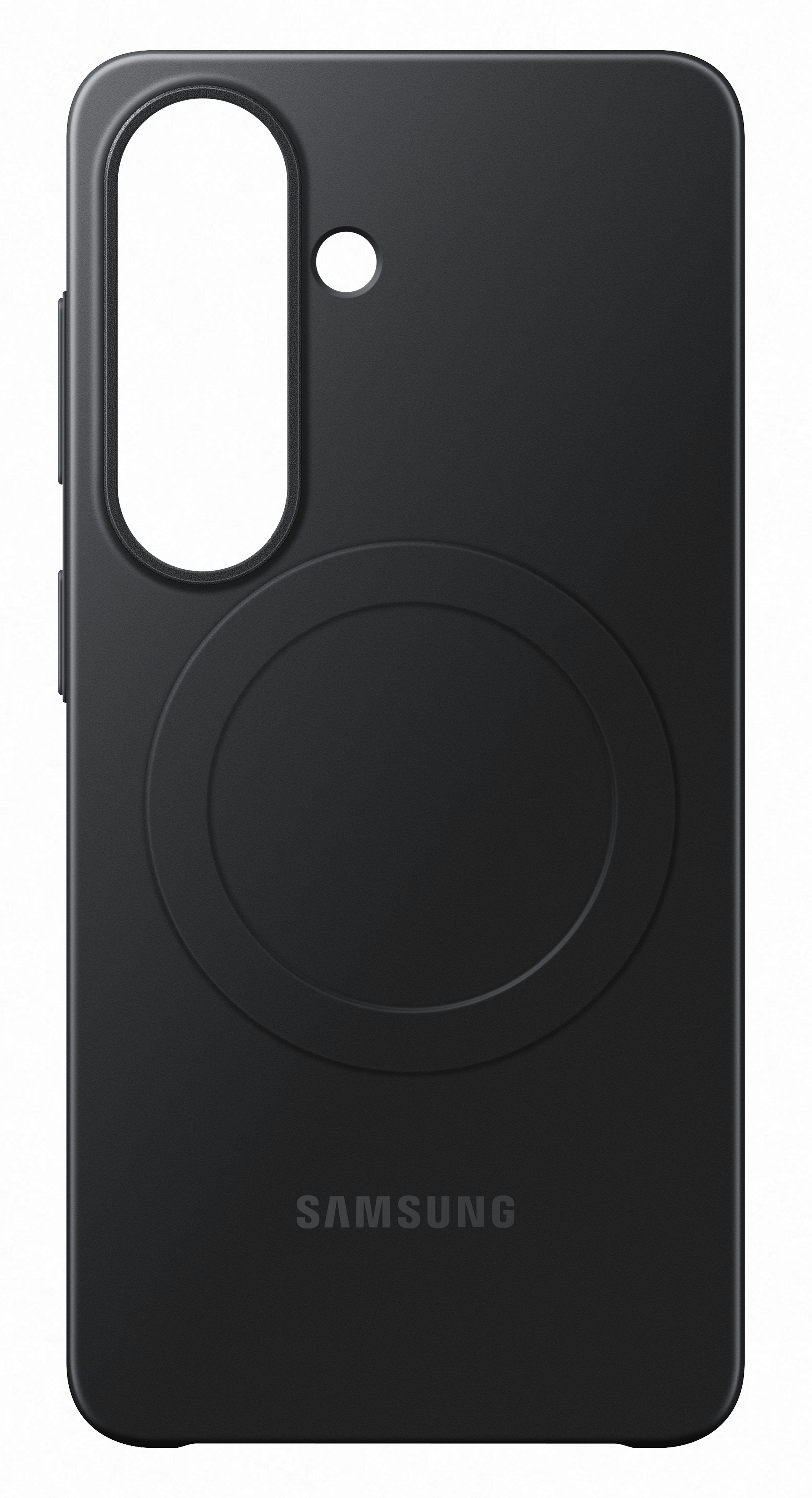 Czarne etui na telefon z okrągłym wycięciem i logo Samsung.