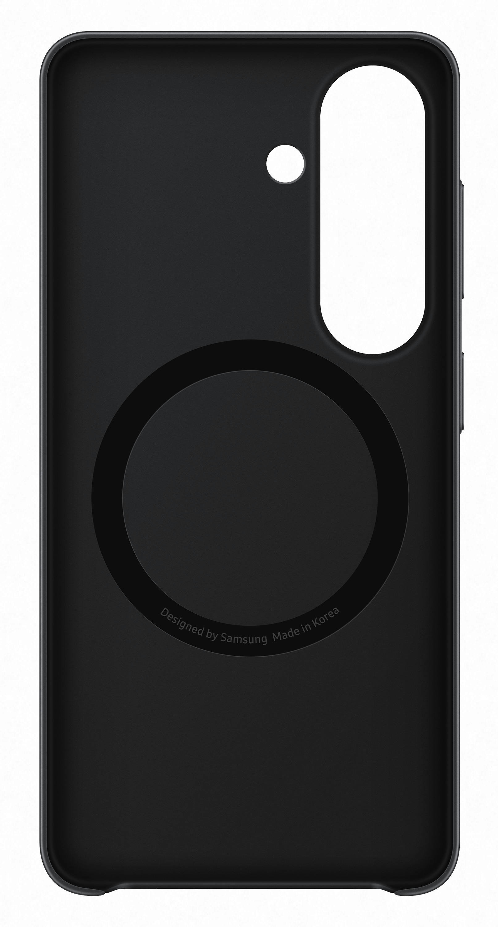 Czarne etui na telefon z wycięciem na aparat i pierścieniem magnetycznym. Napis 'Made in Korea'.