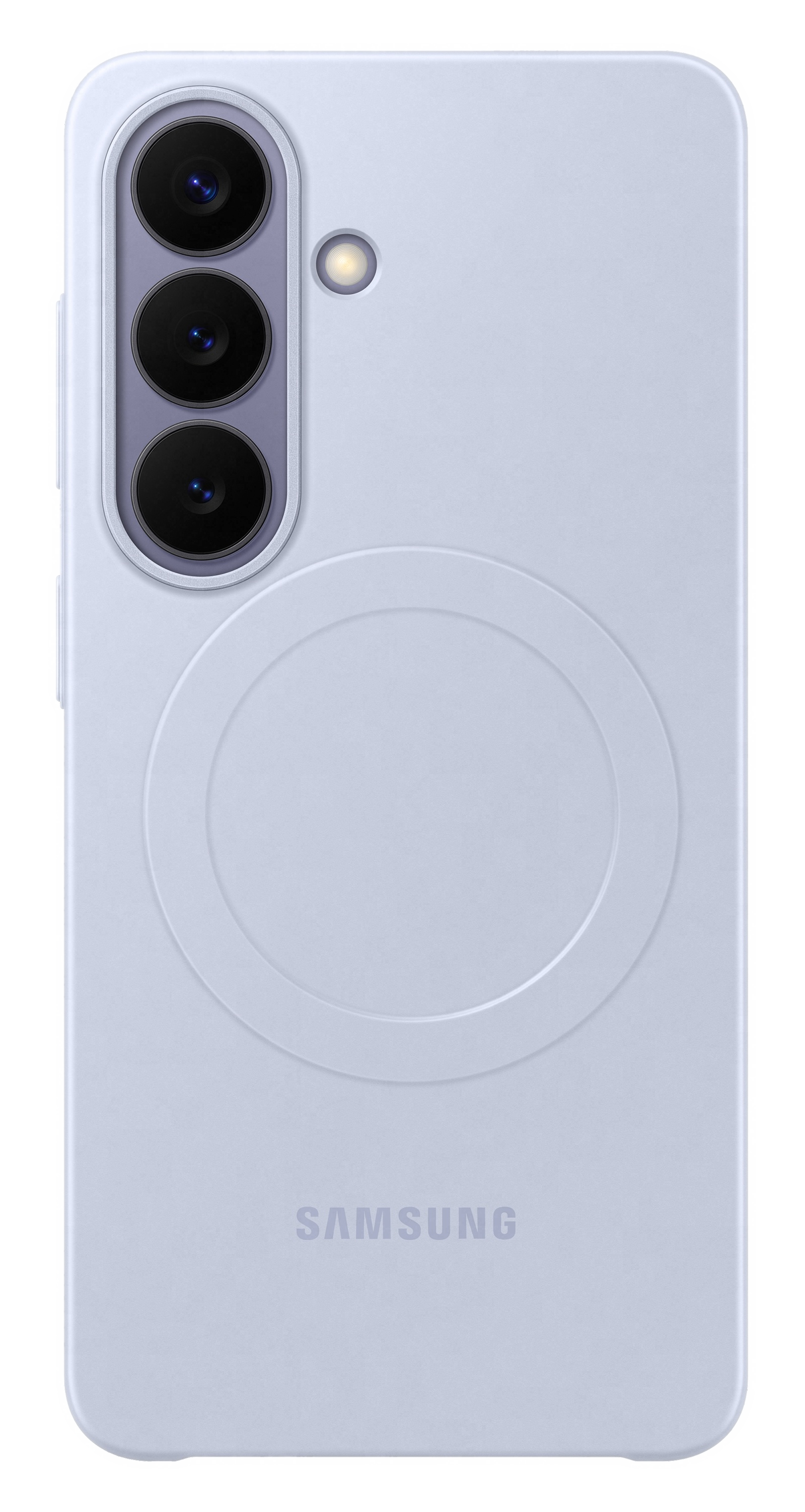 Tył jasnofioletowego smartfona z trzema aparatami i logo Samsung.