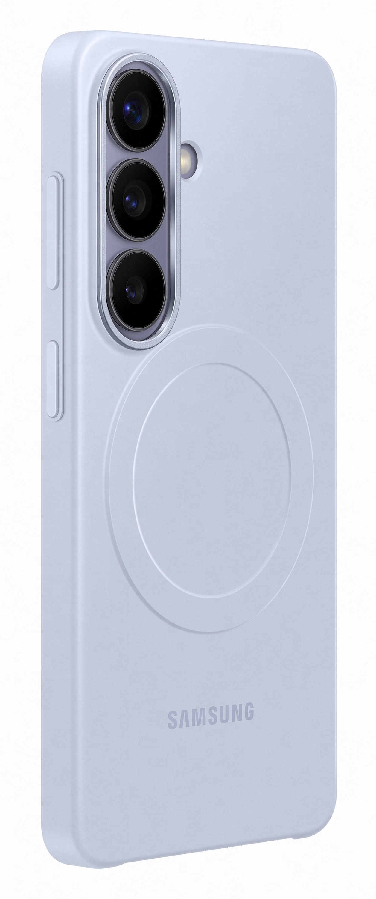 Jasnofioletowy telefon z trzema aparatami i logo Samsung.