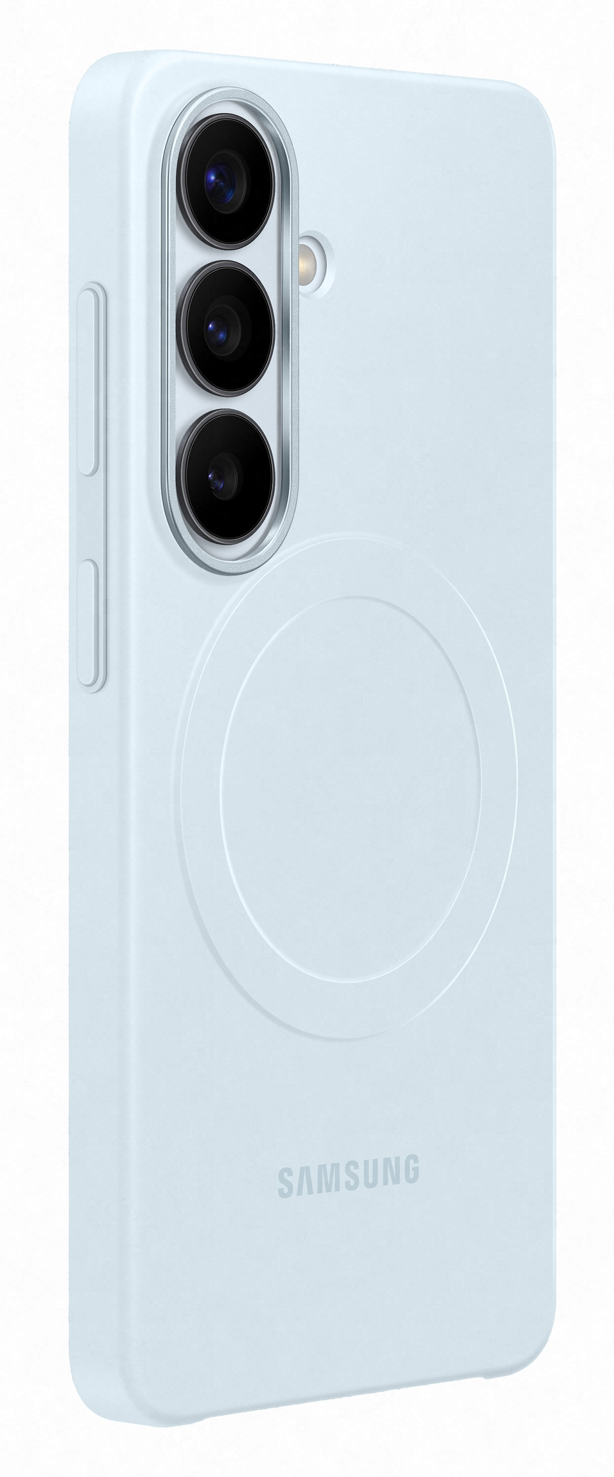 Jasnoniebieskie etui na telefon z trzema aparatami i logo Samsung.