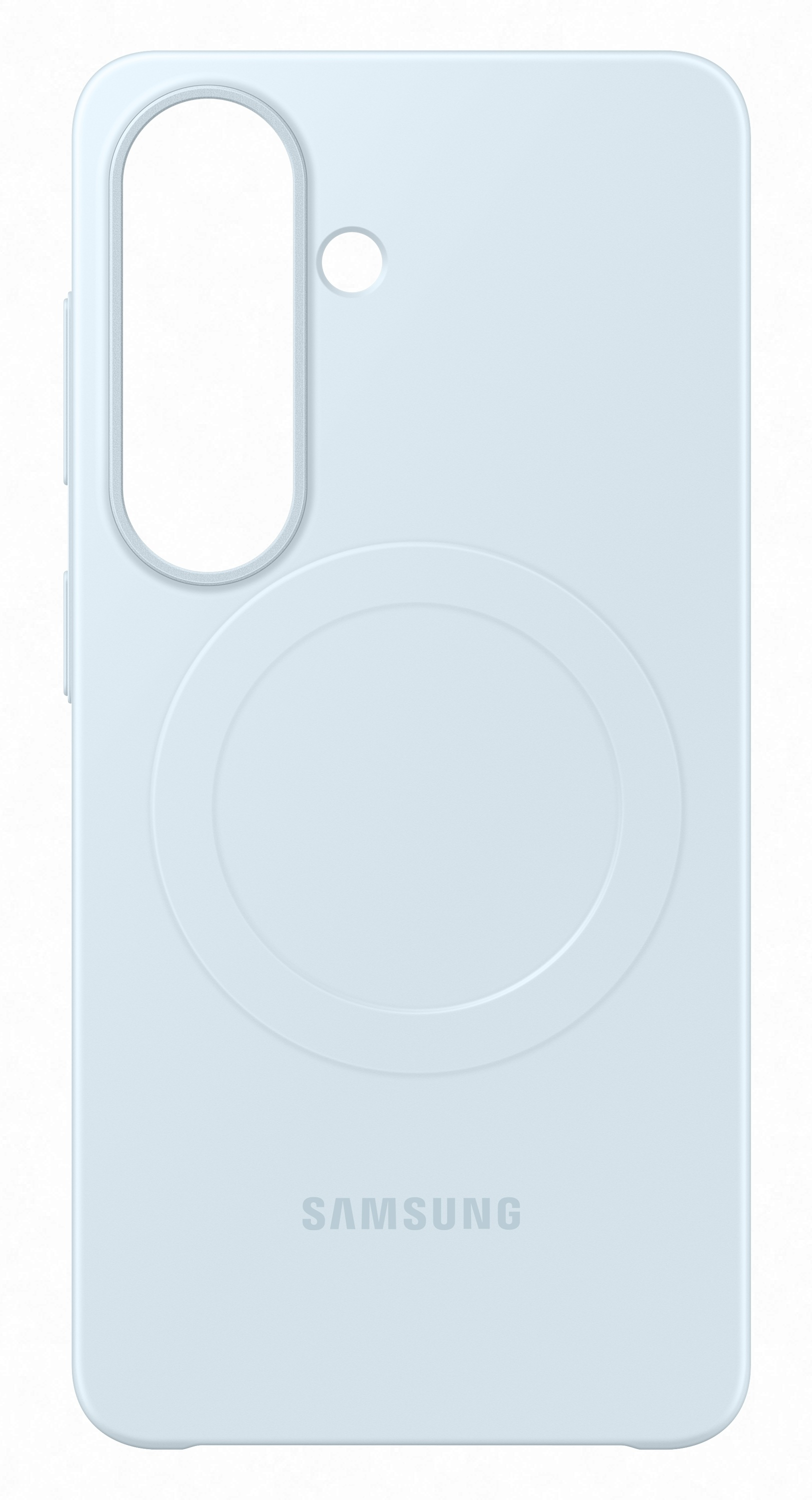 Jasnoniebieskie etui na telefon z wycięciem na aparat i logo Samsung.