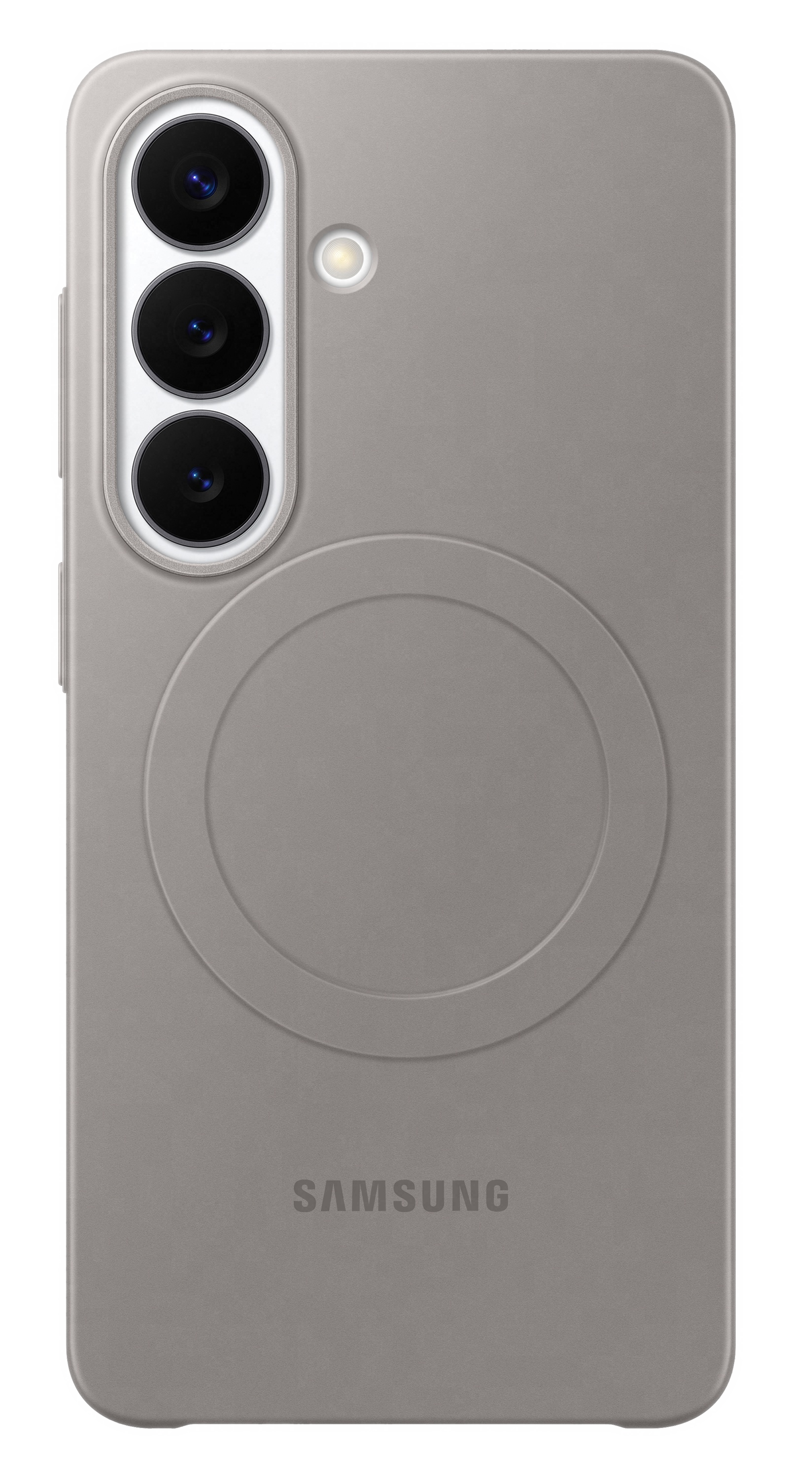 Szara obudowa Samsung z okrągłym emblematem i potrójnym wycięciem na aparat.