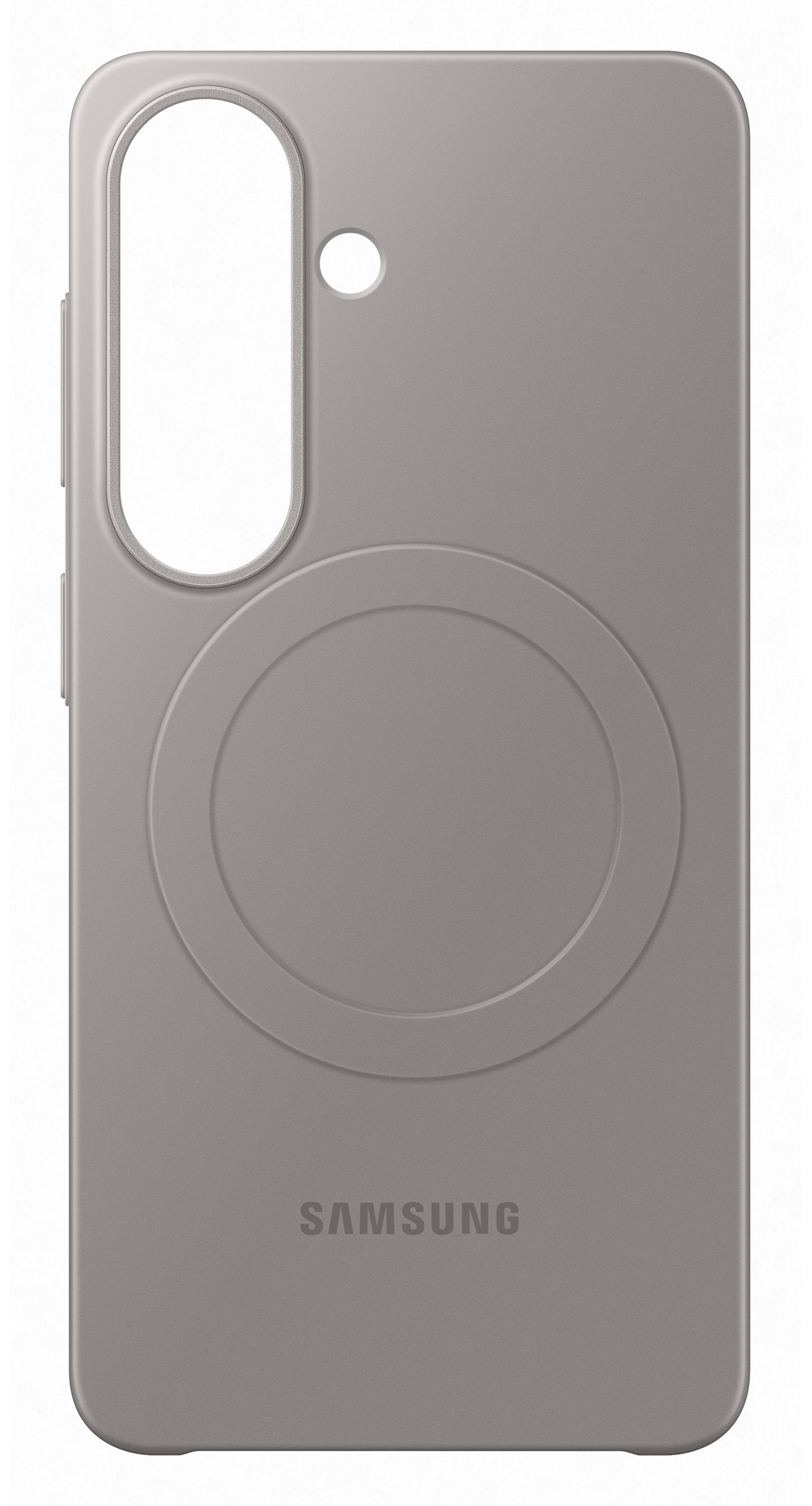 Szare etui Samsung z wycięciem na aparat i kółkiem ładowania.