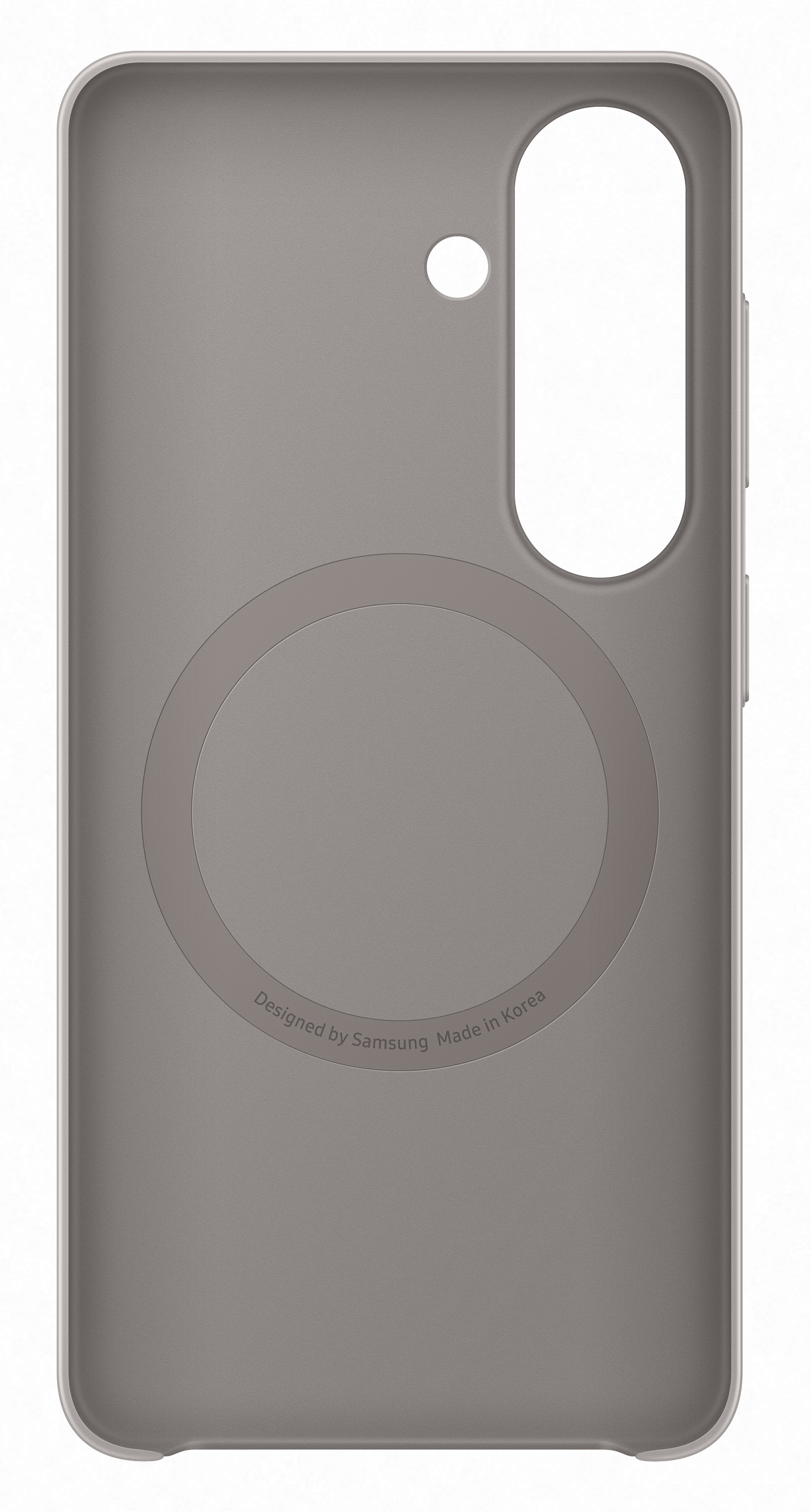 Szara obudowa na telefon z okrągłym wycięciem i napisem "Designed by Samsung".