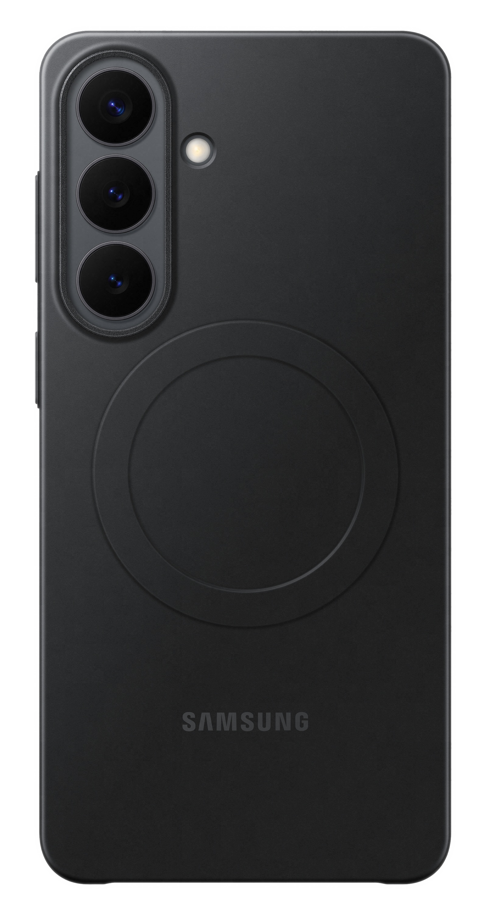 Tył czarnego telefonu Samsung z trzema obiektywami i okrągłym obszarem.