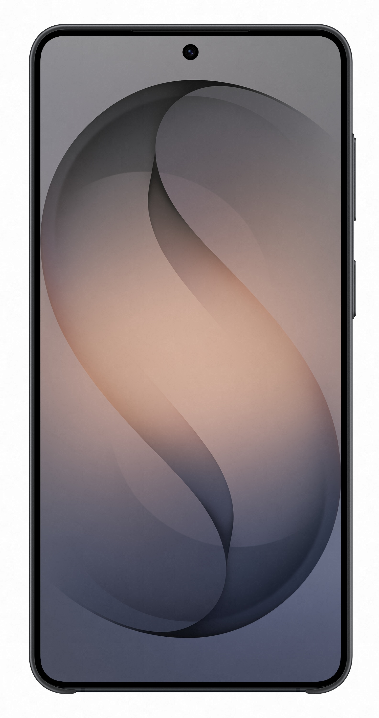 Czarny smartfon z abstrakcyjnym szaro-różowym tłem.