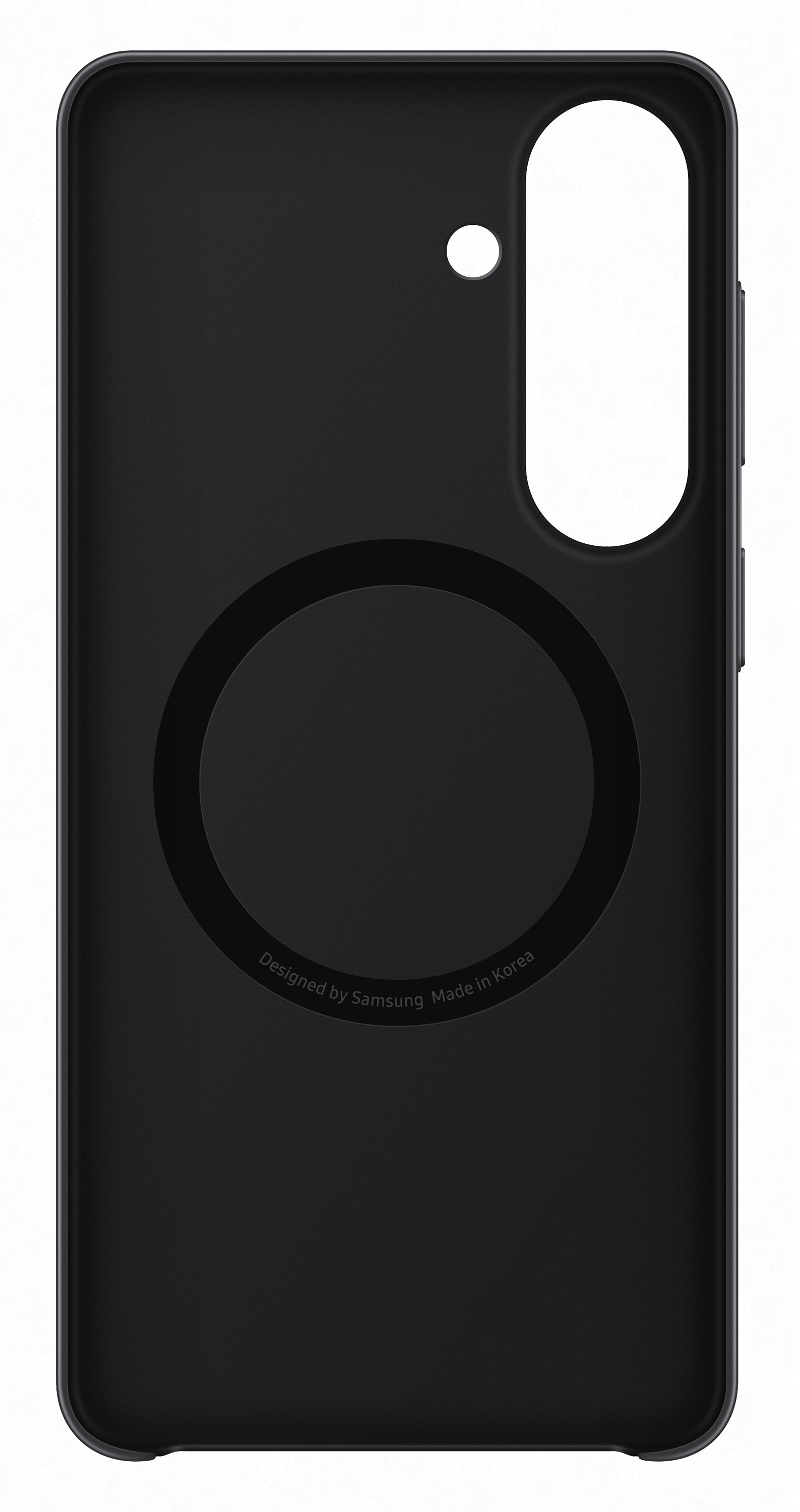 Czarne etui na telefon z okrągłym wycięciem i napisem 'Designed by Samsung Made in Korea'.