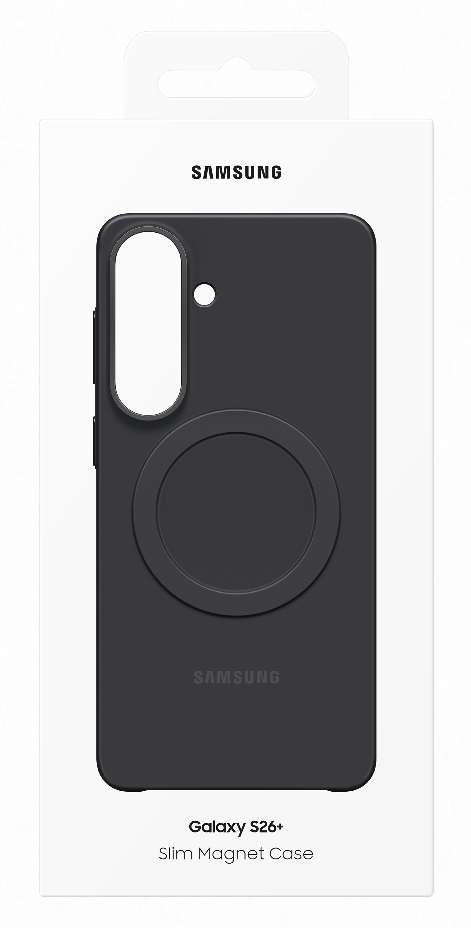Czarne etui Samsung Galaxy S26+ z pierścieniem magnetycznym na białym opakowaniu.