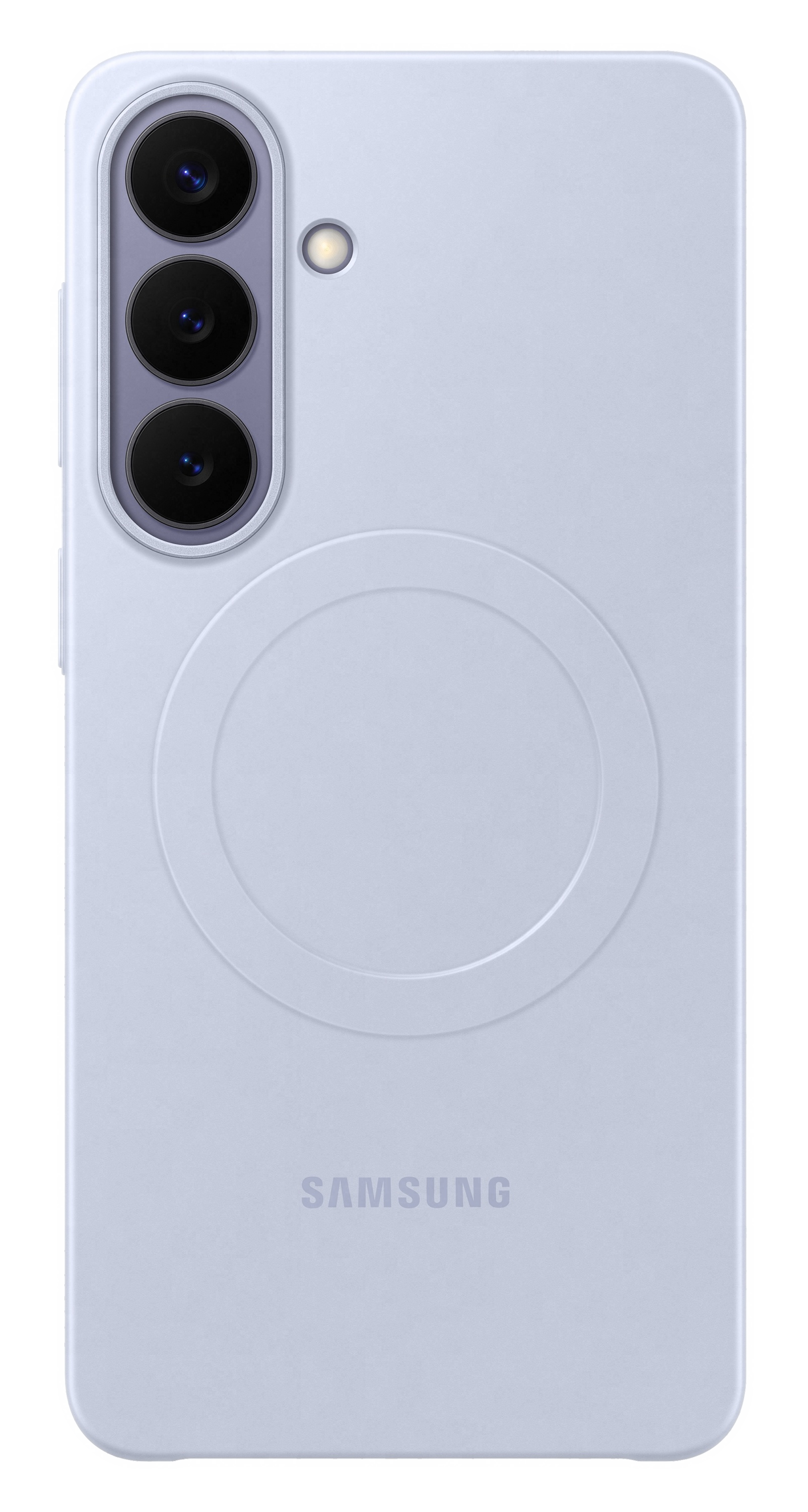 Tył jasnofioletowego smartfona z trzema aparatami i okrągłym obszarem ładowania.