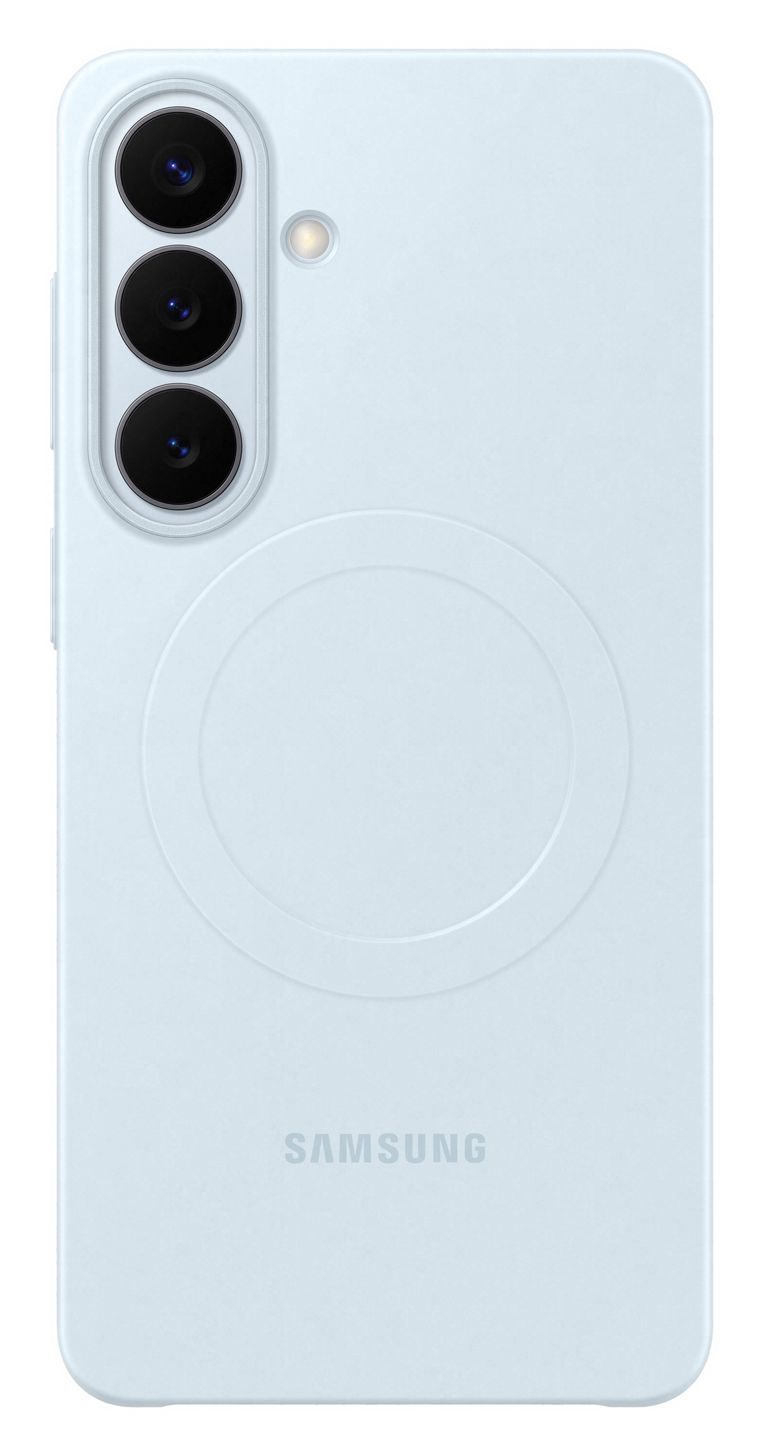 Jasnoniebieski telefon Samsung z trzema obiektywami i lampą błyskową.