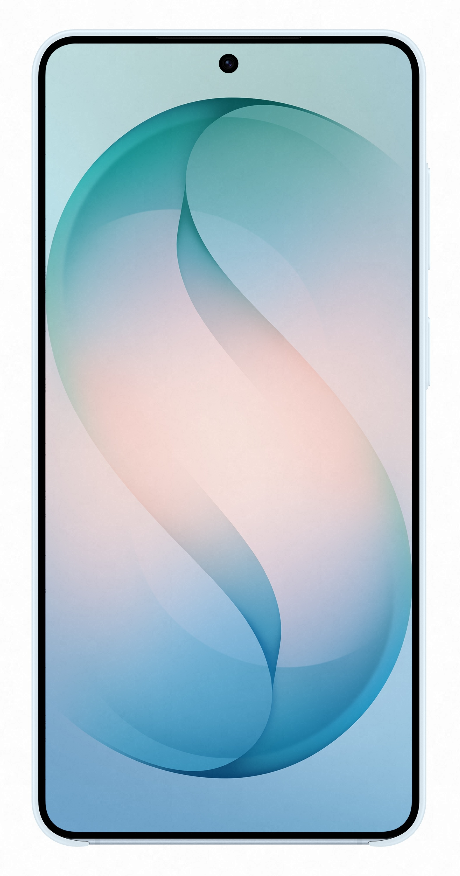 Jasnoniebieski smartfon z abstrakcyjną tapetą w kolorze niebieskim i różowym.