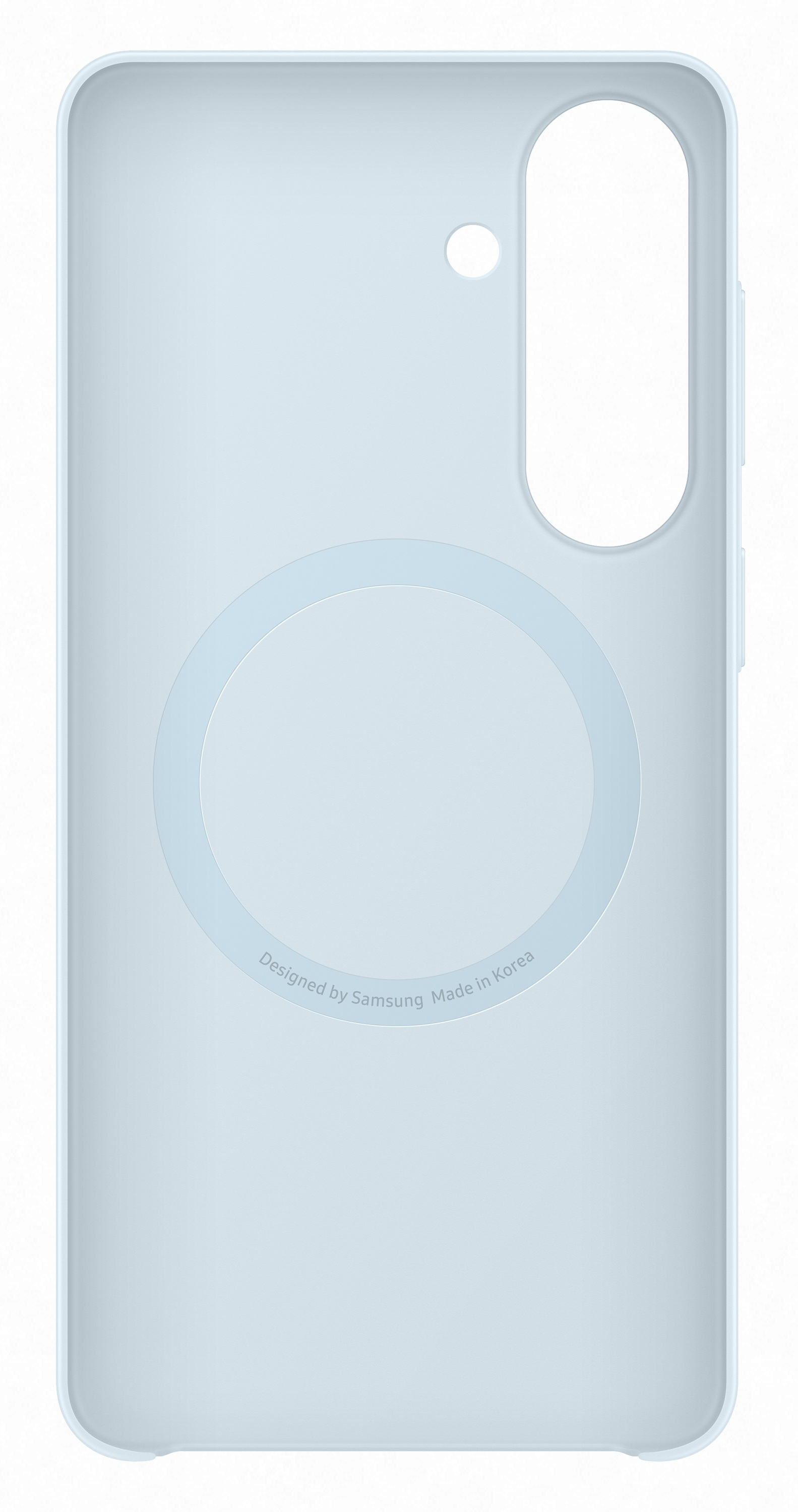 Jasnoniebieskie etui na telefon z okrągłym wzorem i wycięciem na aparat.