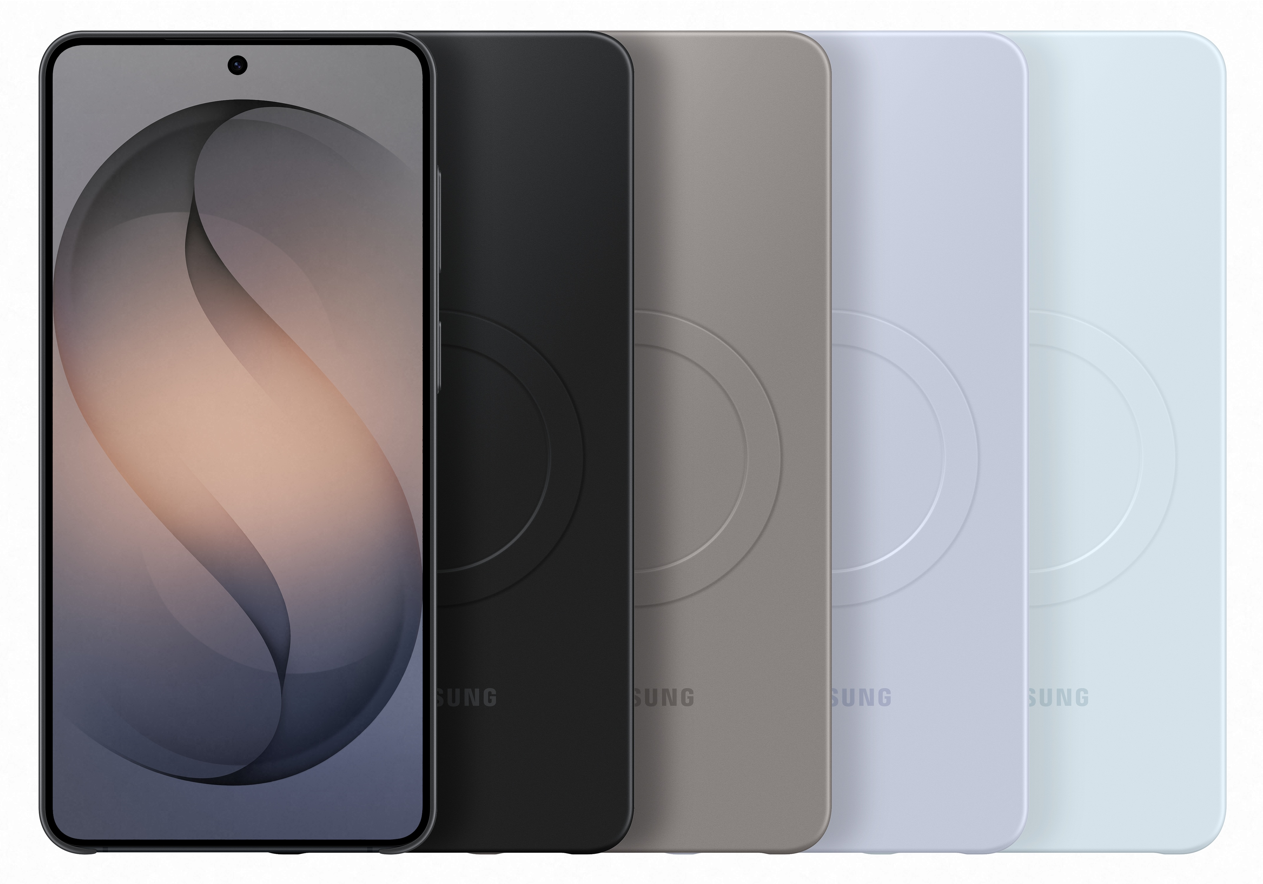 Smartfon z zakrzywionym ekranem, obok czterech innych w kolorach czarnym, szarym, fioletowym i niebieskim.