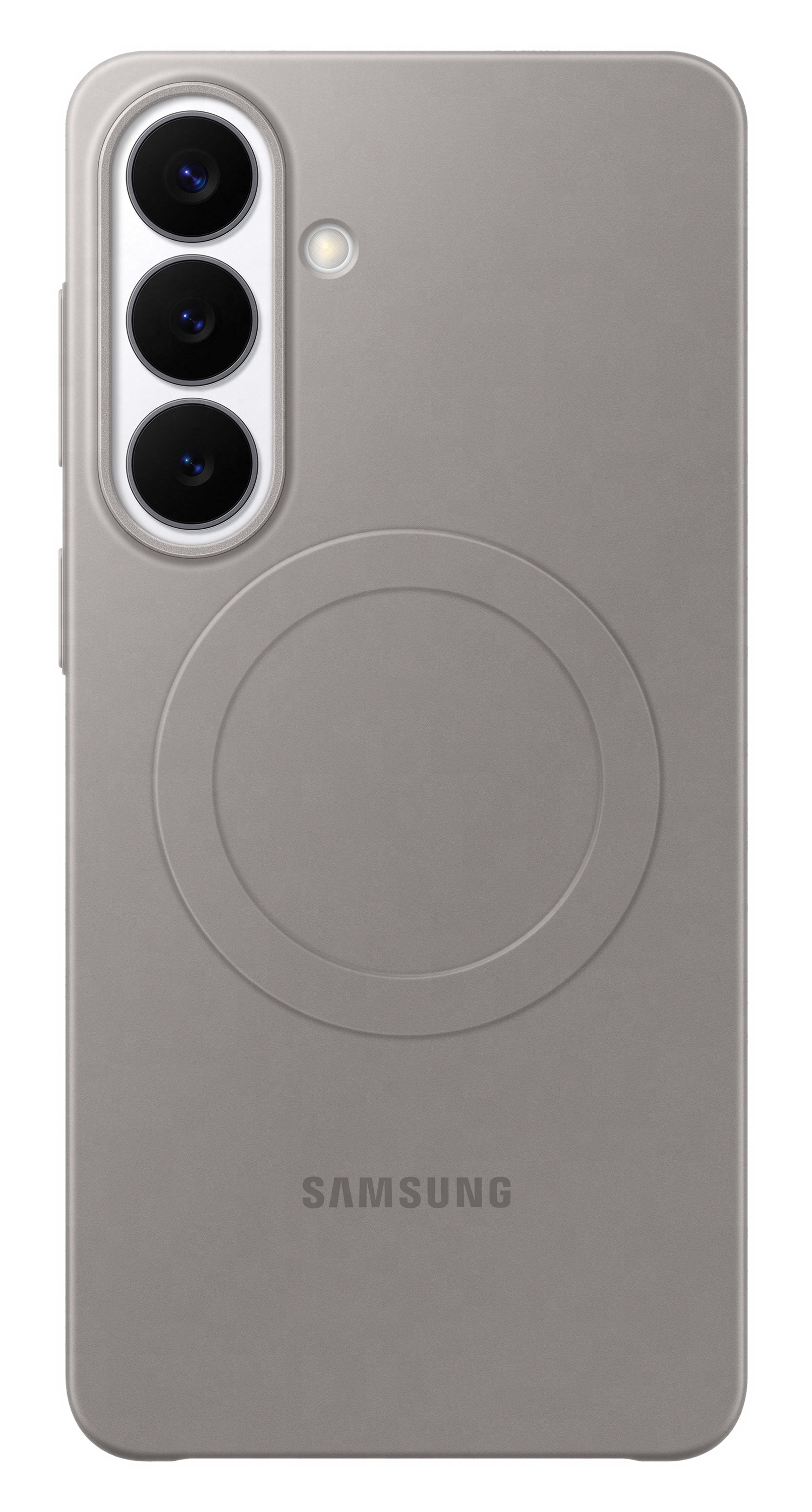 Tył szarego telefonu Samsung z trzema obiektywami i okrągłym wzorem.