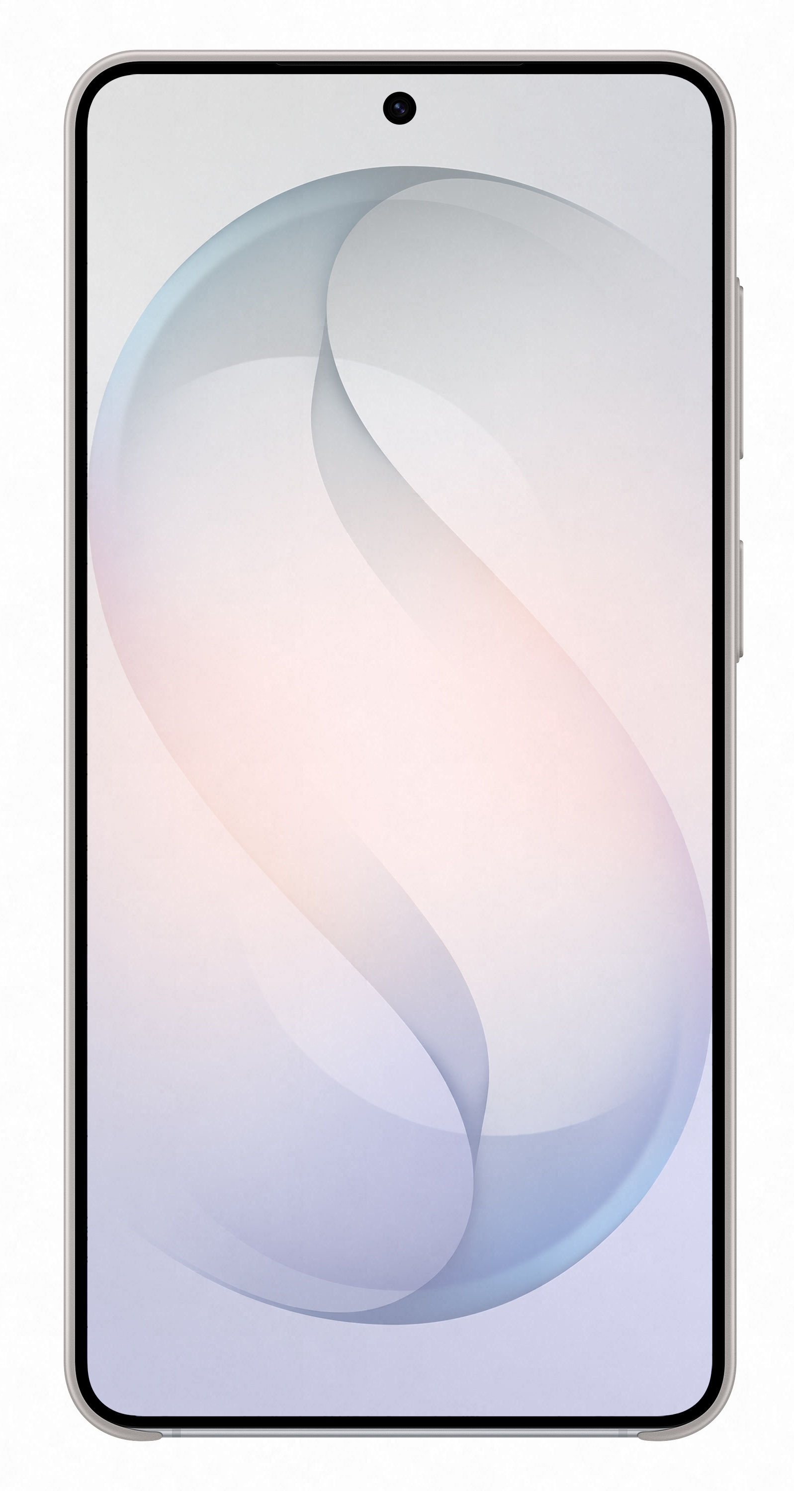 Smartfon ze srebrną ramką, wyświetlający abstrakcyjny, łagodnie przechodzący wzór tła.