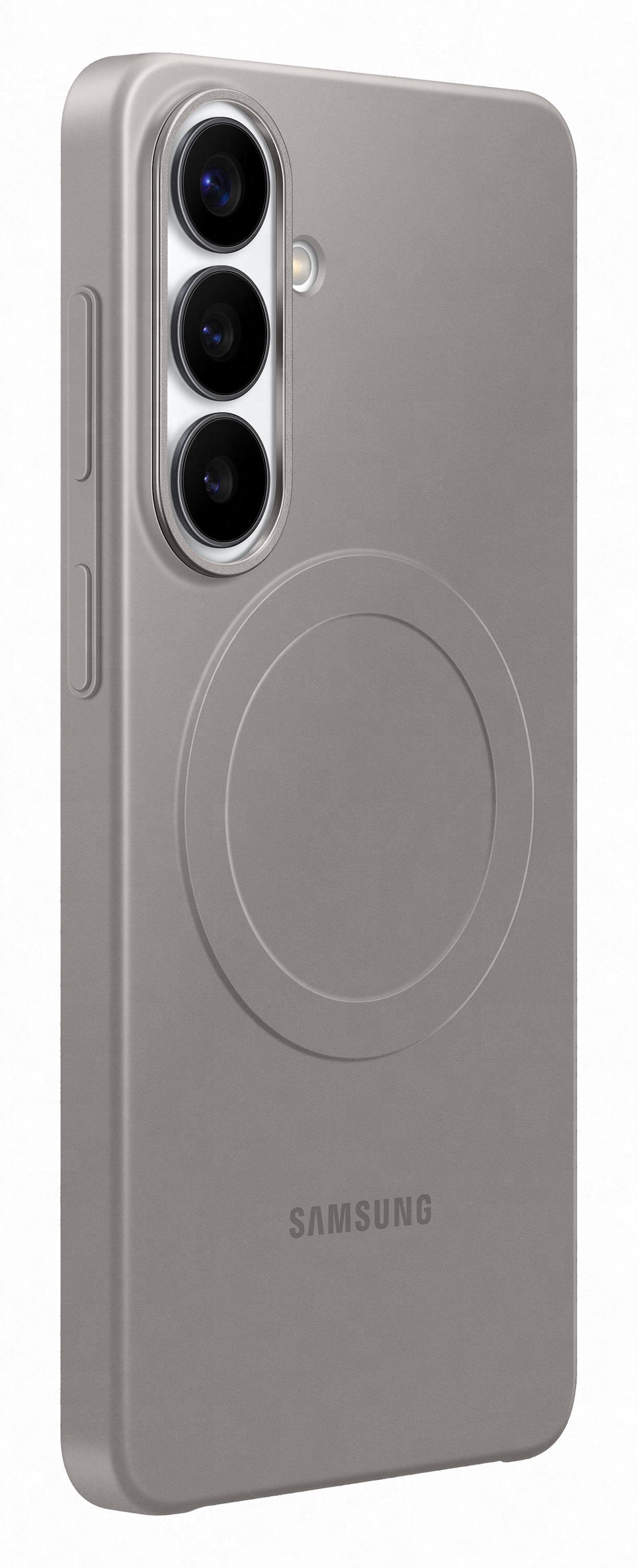 Szara obudowa telefonu z trzema aparatami i logo Samsung. Wewnętrzne koło do ładowania.
