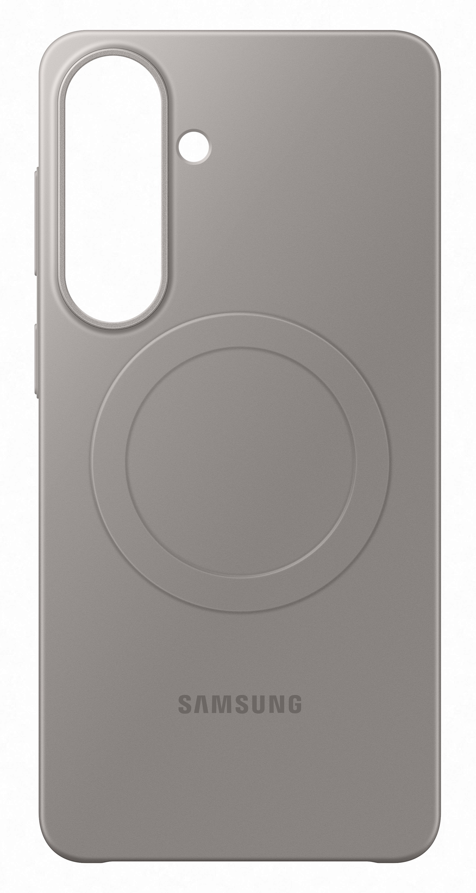 Szara obudowa telefonu z wycięciem na aparat, kółkiem MagSafe i logo Samsung.