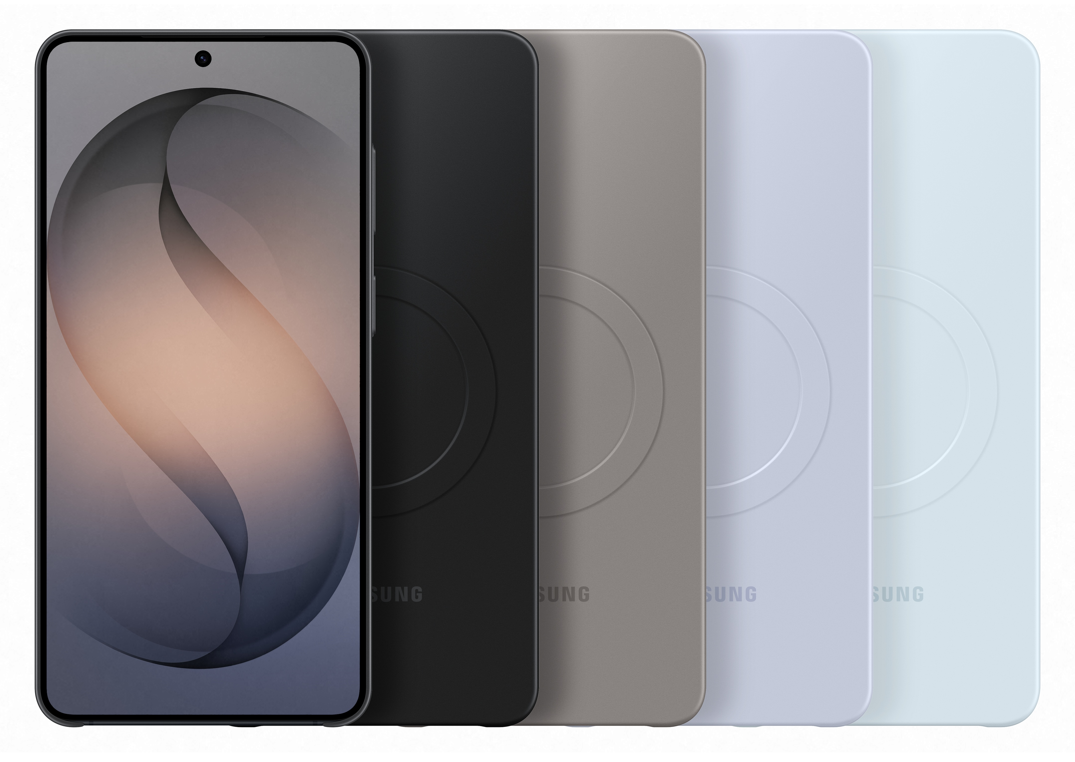 Smartfon z abstrakcyjną tapetą obok etui w kolorze czarnym, szarym, fioletowym i jasnoniebieskim.