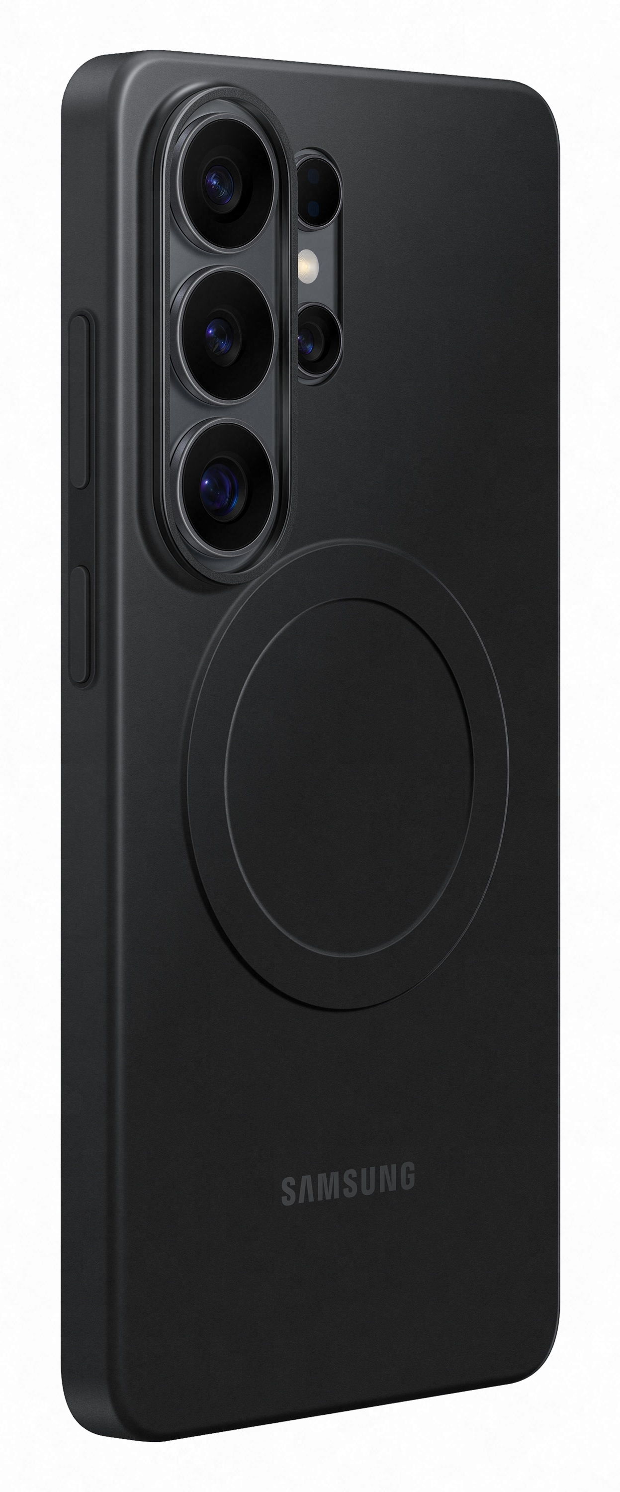 Czarny telefon Samsung z modułem aparatu i okrągłym wzorem z tyłu.