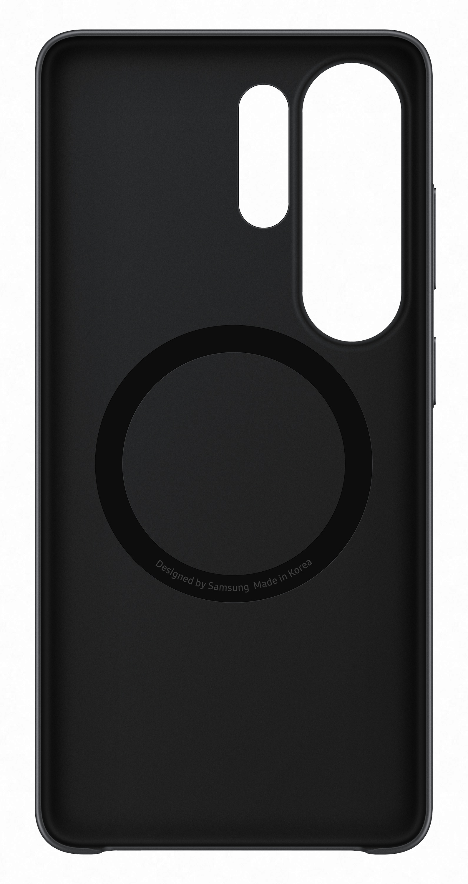 Czarne etui na telefon z wycięciem na aparat i okrągłym pierścieniem magnetycznym.