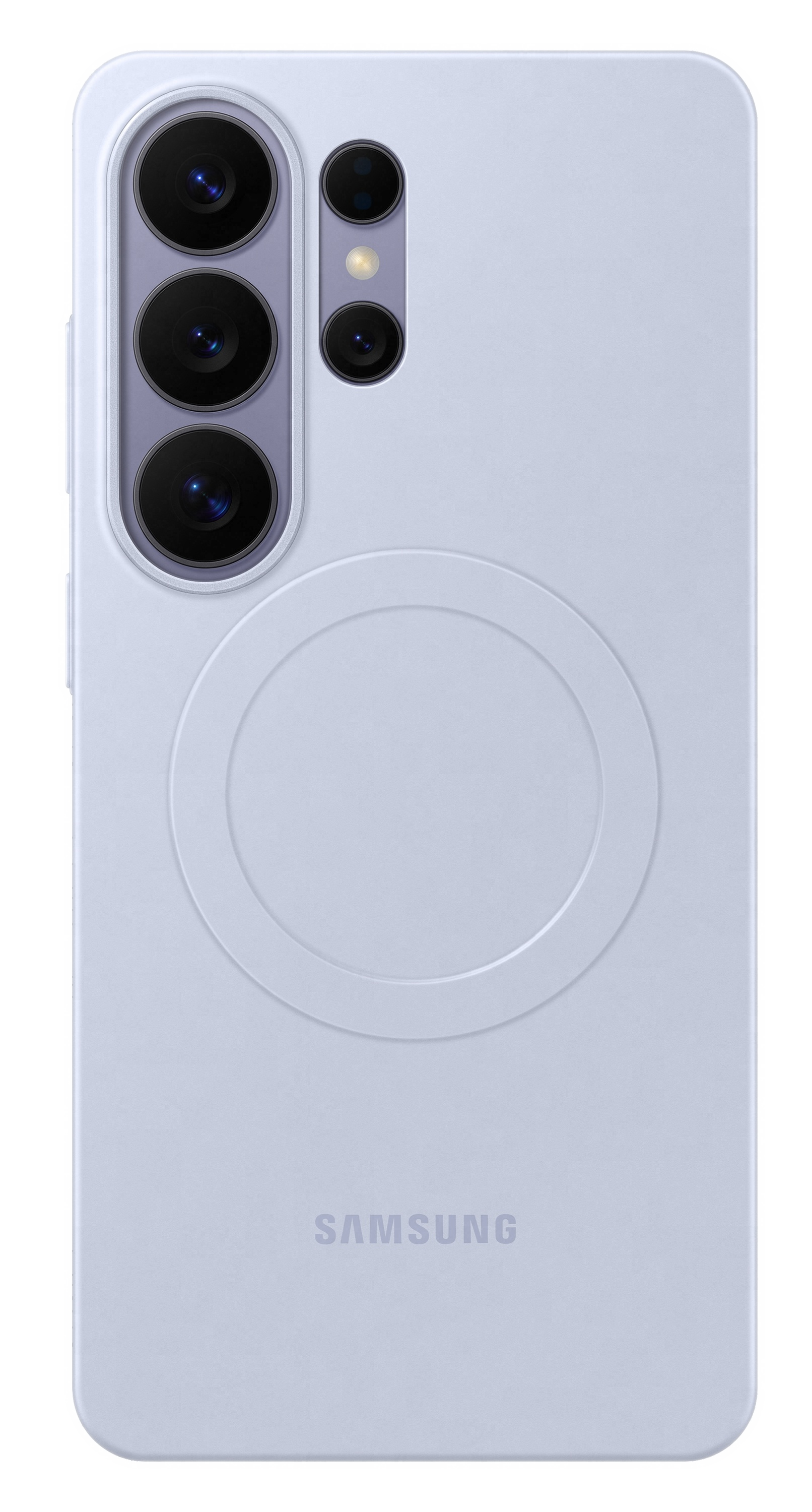 Tył jasnofioletowego telefonu Samsung z czterema aparatami i okręgiem.