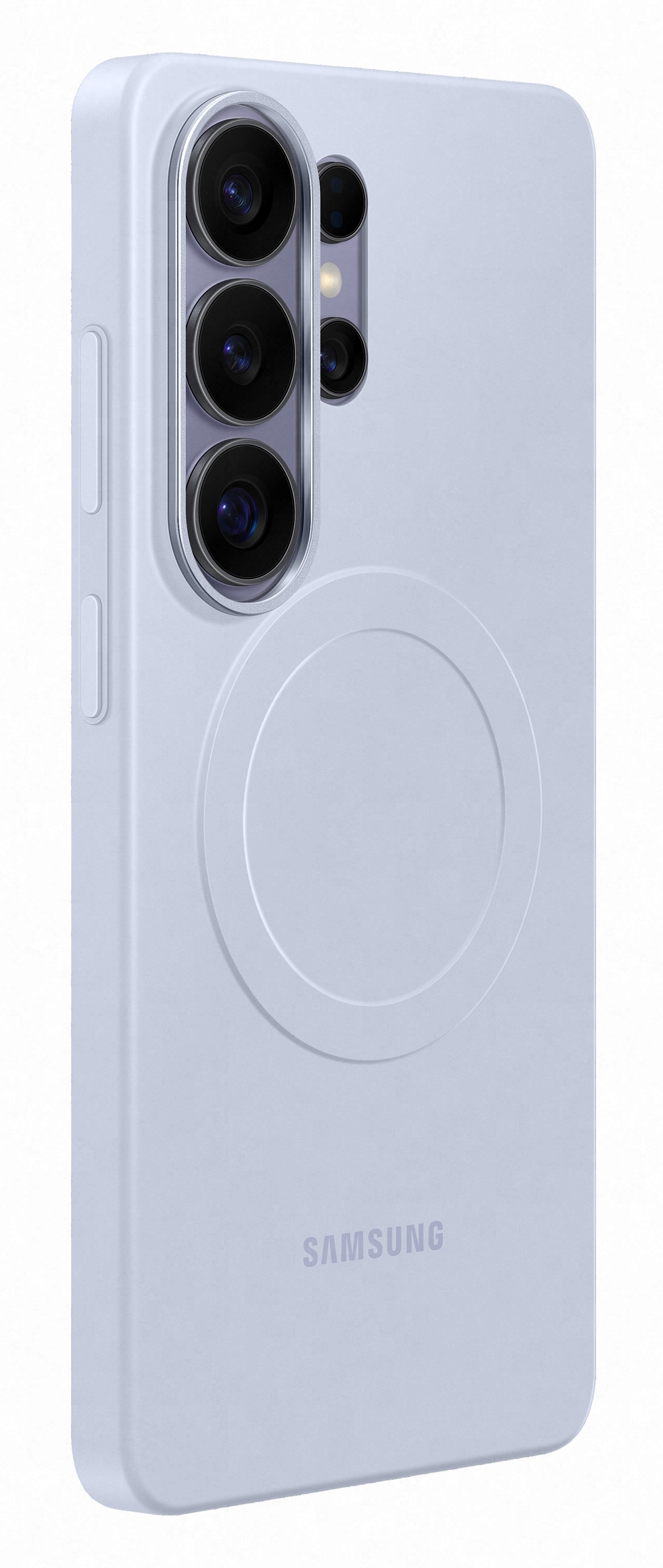 Tył jasnofioletowego smartfona z modułem aparatu i logo Samsung.