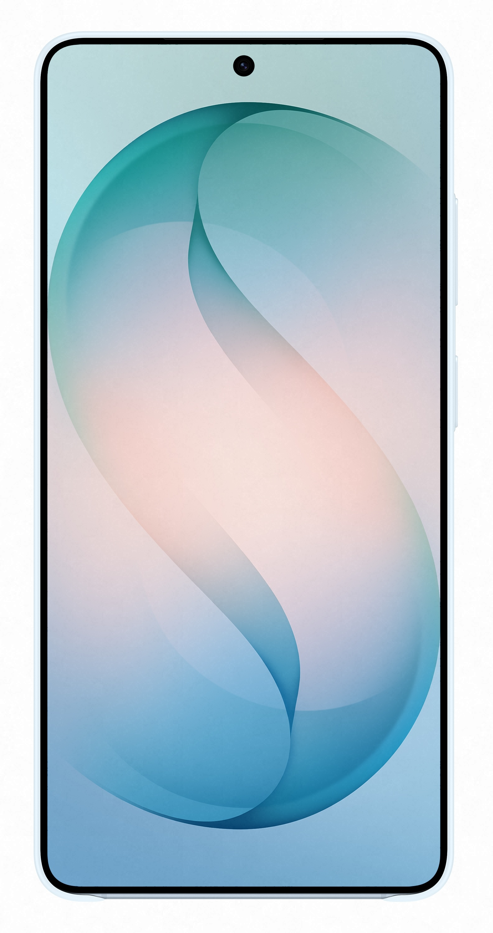 Jasnoniebieski smartfon z stylizowanym, zakrzywionym kształtem w kolorze niebieskim i różowym na ekranie.