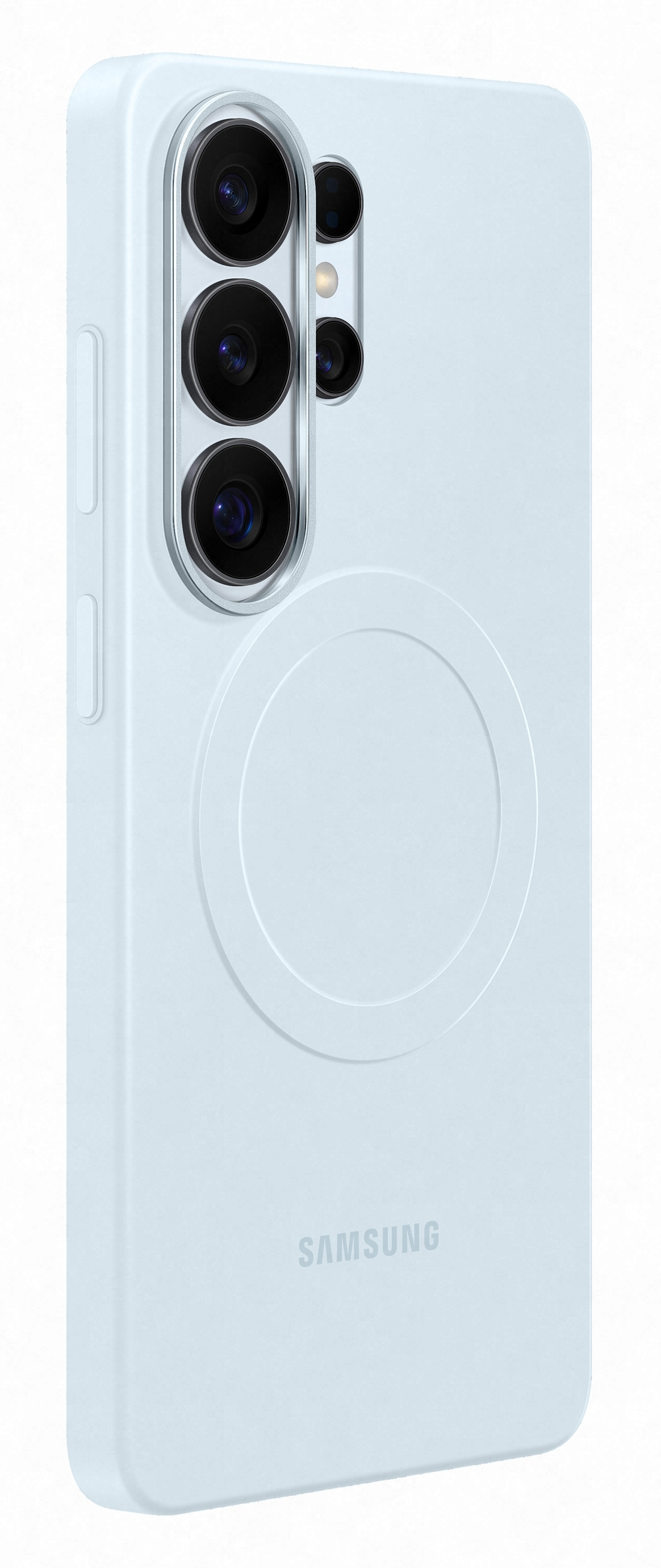 Jasnoniebieskie etui na telefon z czterema aparatami, srebrną ramką i okrągłym tłoczeniem.