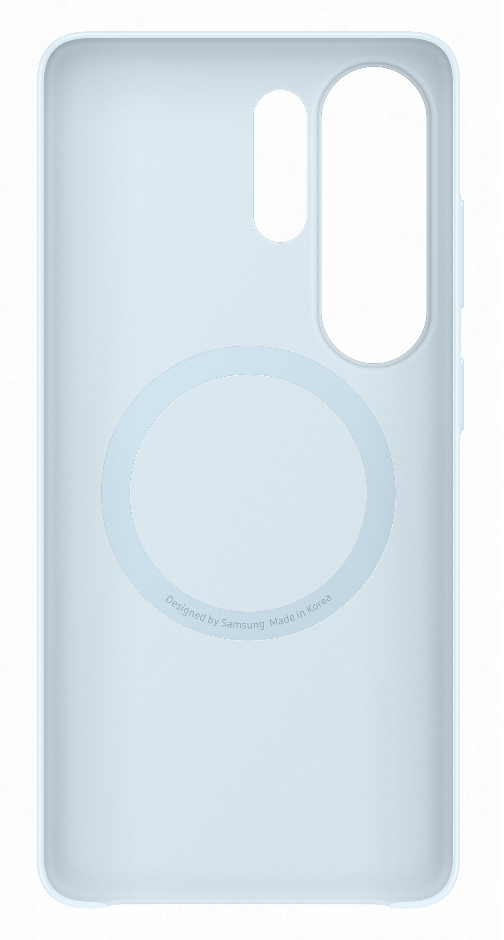 Jasnoniebieskie etui na telefon z okrągłym wycięciem i logo.