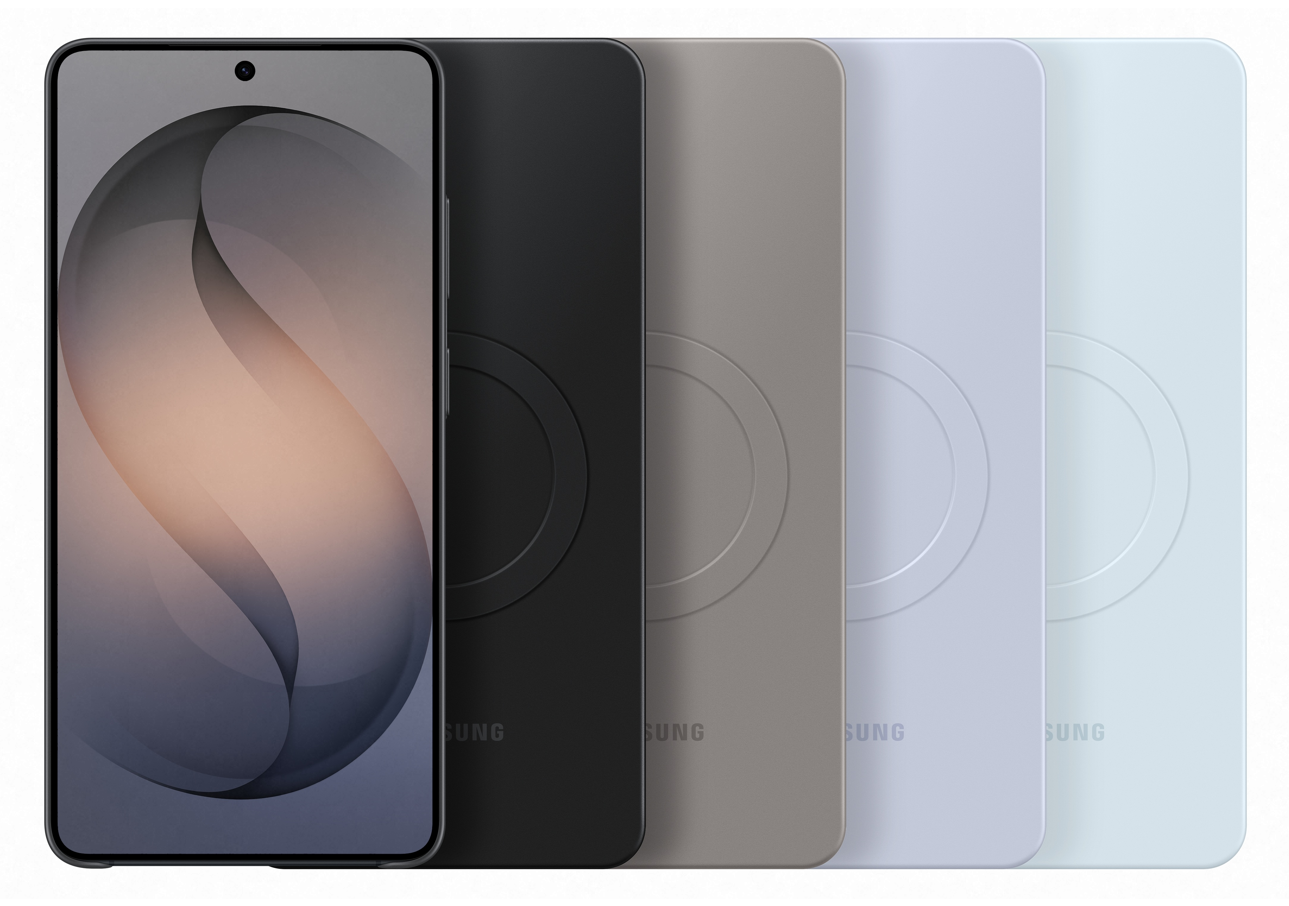 Smartfon z abstrakcyjnym tłem obok czterech etui na telefony w kolorze czarnym, szarym, lawendowym i jasnoniebieskim.