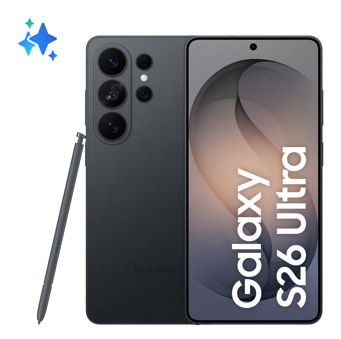 Ciemnoszary Samsung Galaxy S26 Ultra ze stylusem i ikonami gwiazd.