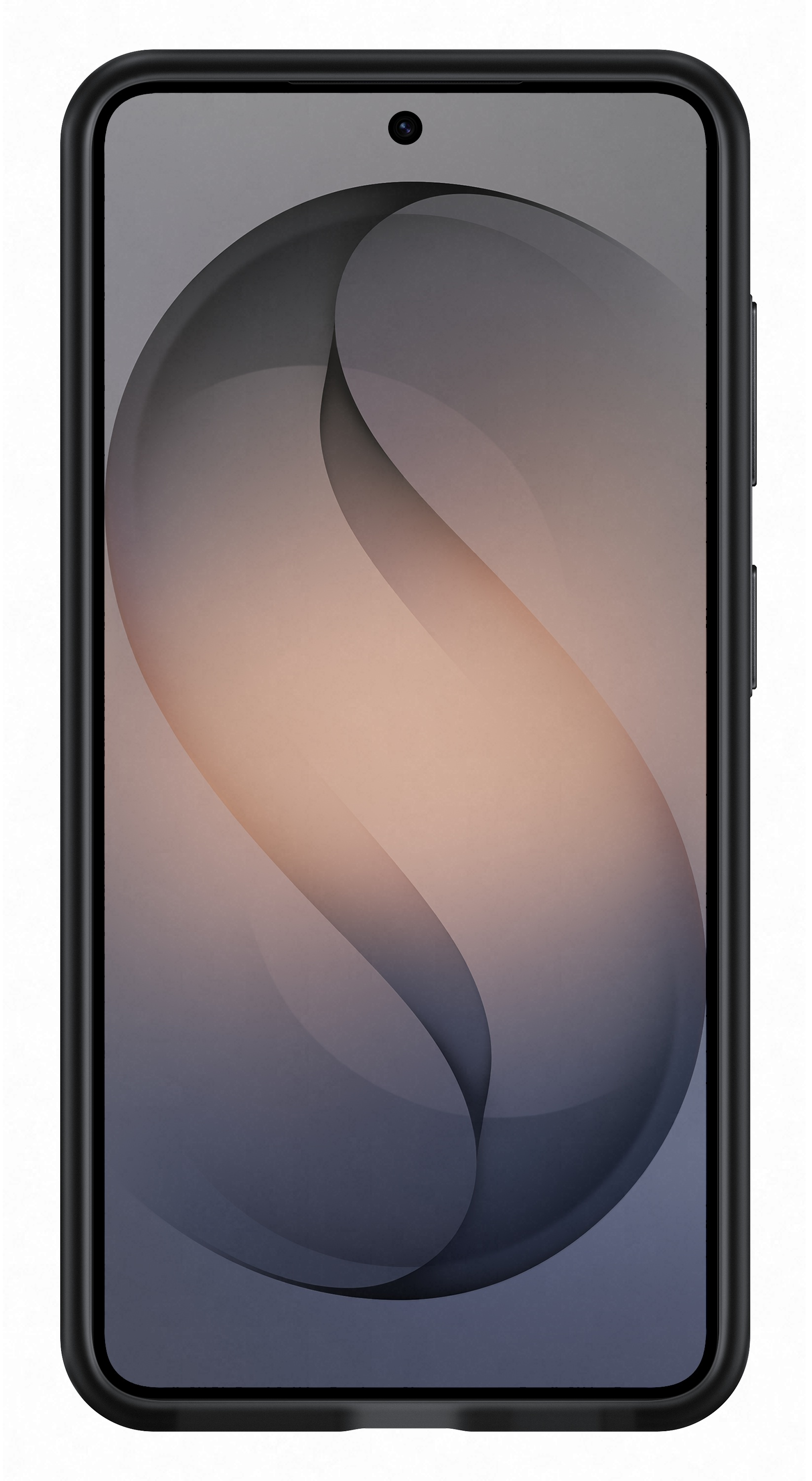 Czarny smartfon z abstrakcyjnym, szaro-brzoskwiniowym tłem.