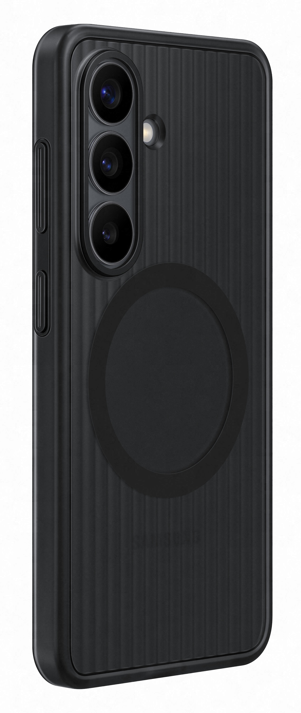 Czarna obudowa telefonu z prążkowaną fakturą, modułem aparatu i kółkiem ładowania.