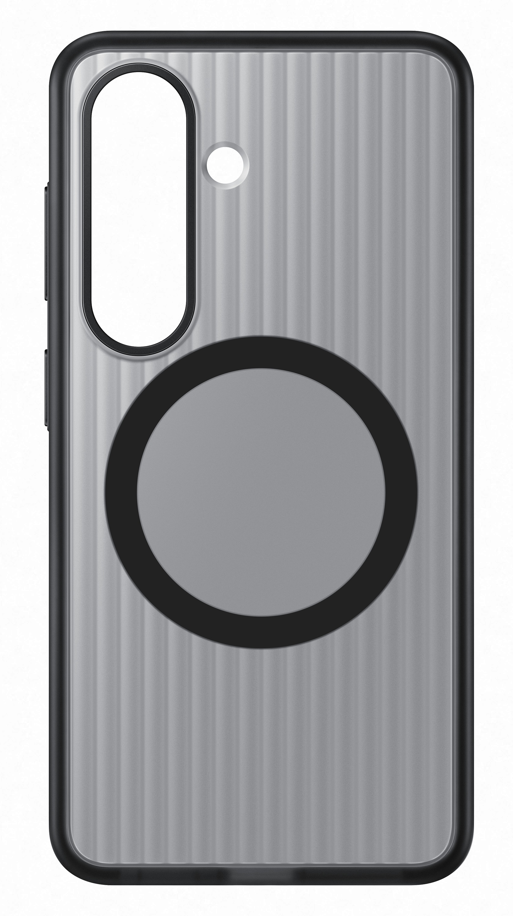 Szara obudowa na telefon z pionowymi przetłoczeniami i czarnym kołem.