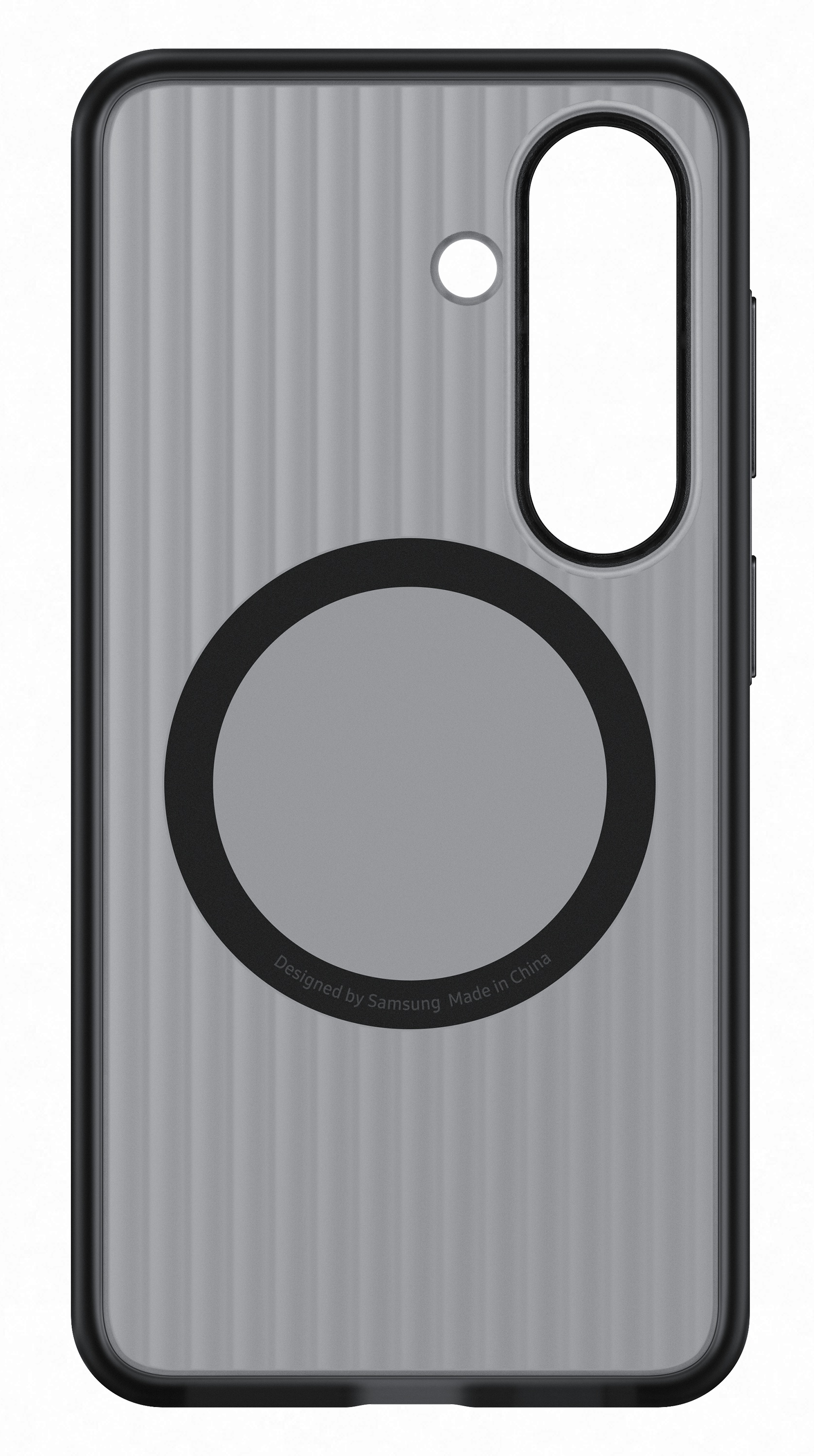 Szara obudowa telefonu z prążkowanym wzorem, czarną ramką i kółkiem.